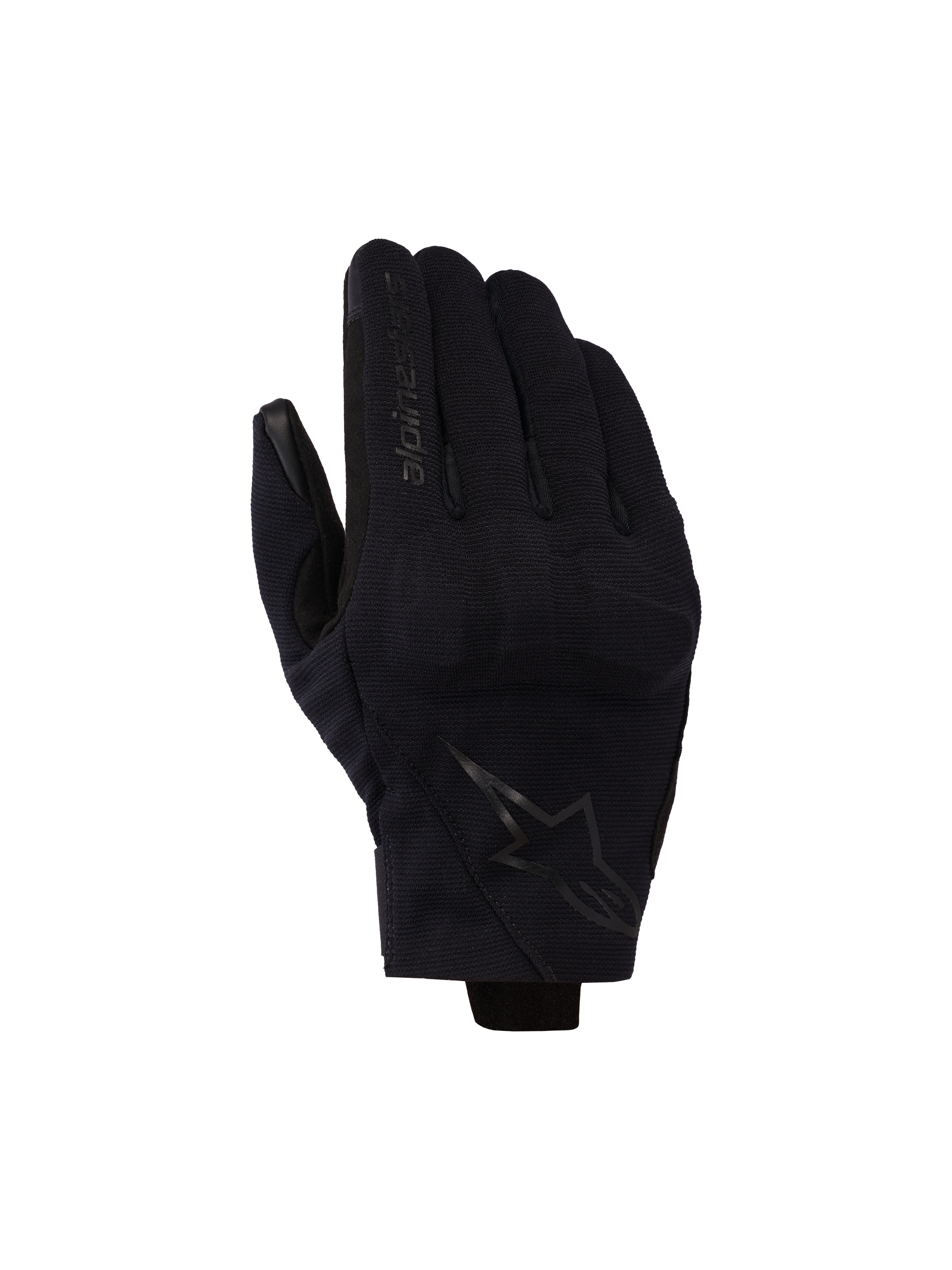 Alpinestars Reef V2 handsker, sort, motorcykelhandsker med kort manchet, tekstureret strækstof, ergonomisk design med brand-logo på pegefingeren og stjerne-emblem på håndryggen