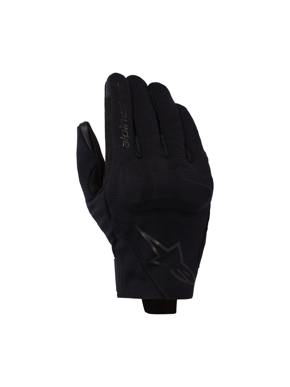Alpinestars Reef V2 handsker, sort, motorcykelhandsker med kort manchet, tekstureret strækstof, ergonomisk design med brand-logo på pegefingeren og stjerne-emblem på håndryggen