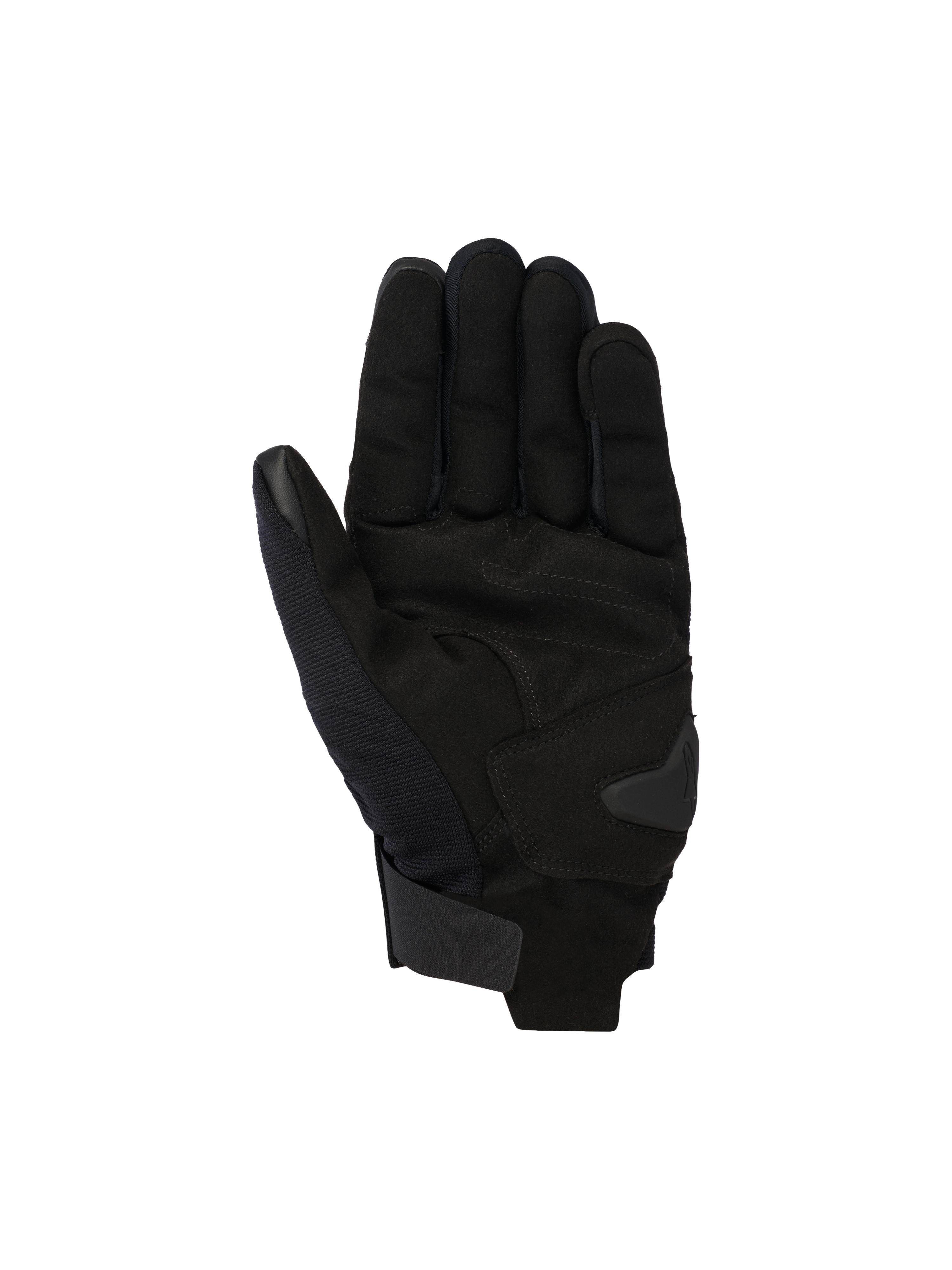 Alpinestars Reef V2 handsker, sorte urban motorcykelhandsker, håndfladevisning med konstruktion i syntetisk ruskind og forstærket polstring, kort manchet med velcrolukning, touchscreen-kompatibel pegefinger og tommelfinger, ergonomisk design til gadekørsel