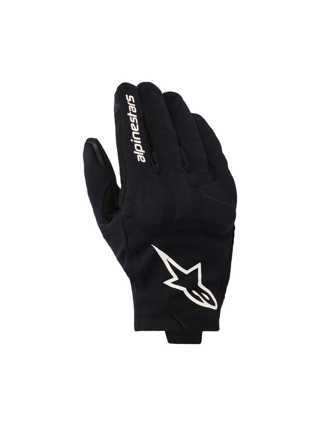 Alpinestars Reef V2 handsker, sorte og hvide motorcykelhandsker, med overhånd i tekstureret strækmateriale, et markant hvidt stjernelogo og mærkenavn på pegefingeren, urban design med kort manchet
