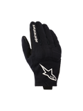 Alpinestars Reef V2 handsker, sorte og hvide motorcykelhandsker, med overhånd i tekstureret strækmateriale, et markant hvidt stjernelogo og mærkenavn på pegefingeren, urban design med kort manchet