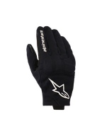 Alpinestars Reef V2 handsker, sorte og hvide motorcykelhandsker, med overhånd i tekstureret strækmateriale, et markant hvidt stjernelogo og mærkenavn på pegefingeren, urban design med kort manchet