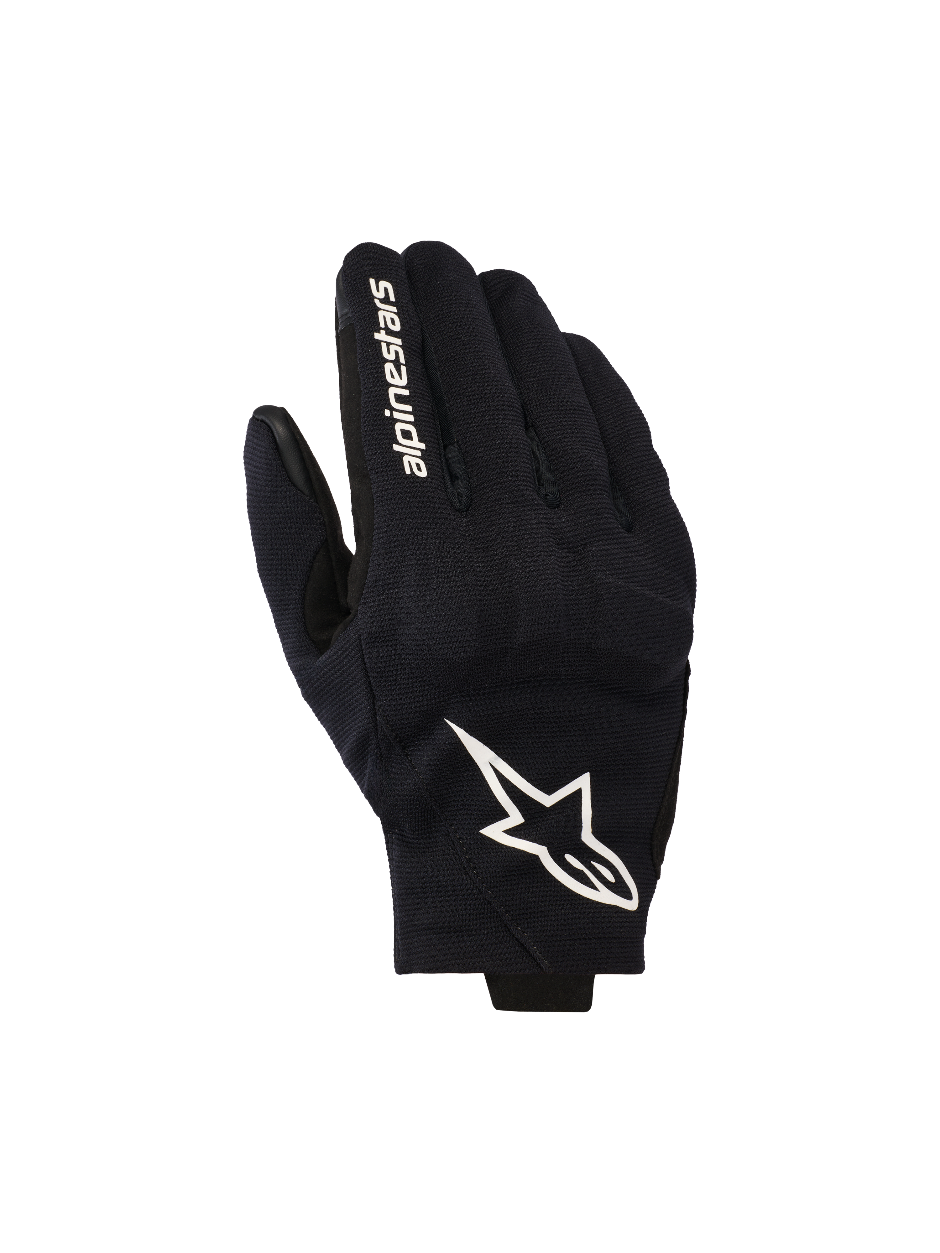 Alpinestars Reef V2 handsker, sorte og hvide motorcykelhandsker, med overhånd i tekstureret strækmateriale, et markant hvidt stjernelogo og mærkenavn på pegefingeren, urban design med kort manchet