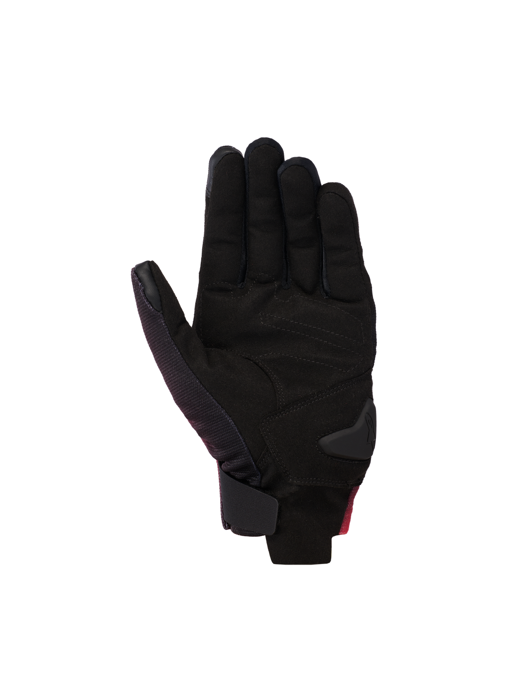 Alpinestars Reef V2 Gloves, motorcycle gloves, Black Red Fluo White, palm view featuring synthetic suede with padded reinforcements, short cuff design with hook-and-loop wrist closure
