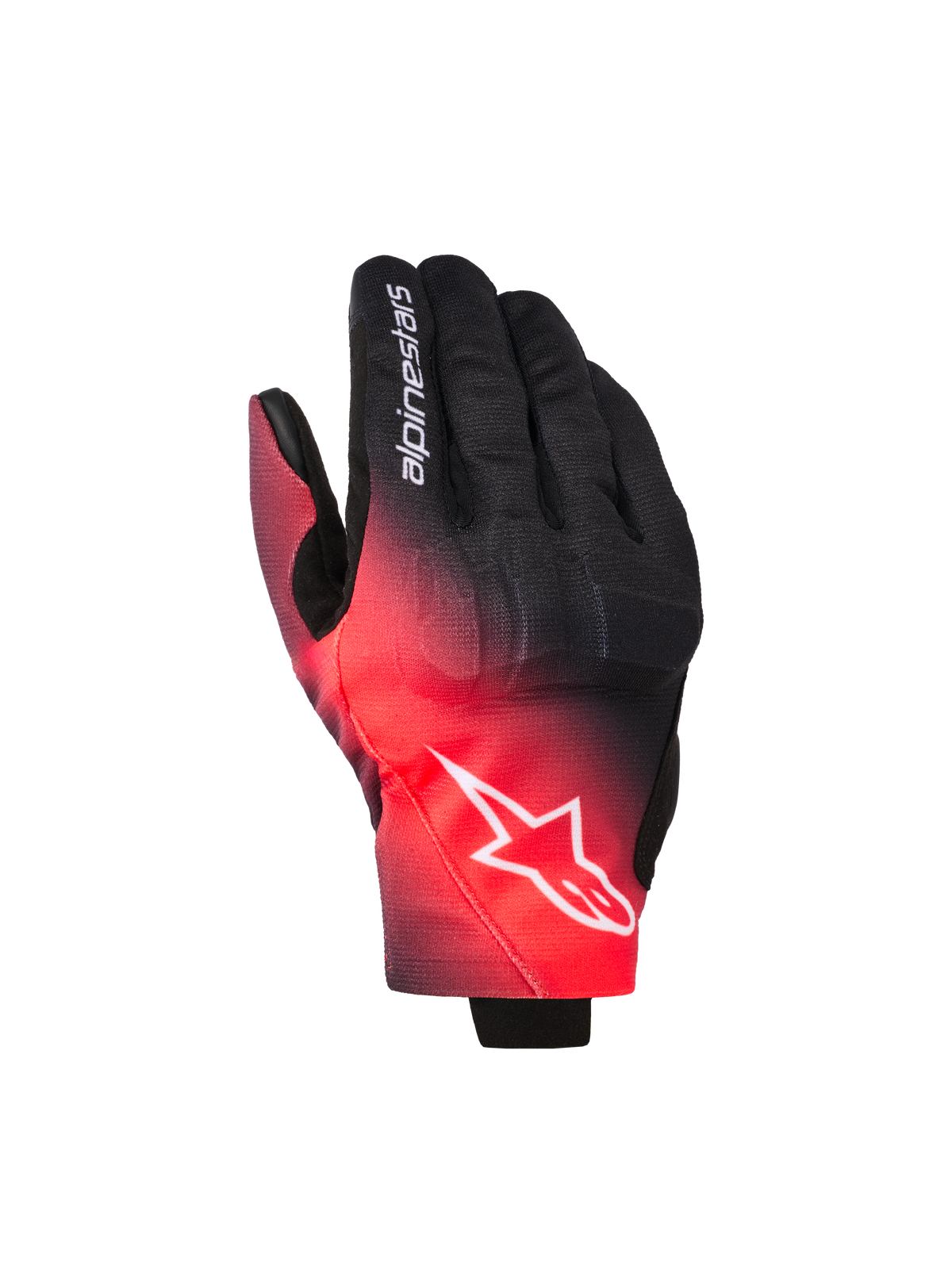 Alpinestars Reef V2 handsker, motorcykelhandsker, sort og fluorød med farveovergang, hvidt Alpinestars stjernelogo på håndryggen og tekst på fingeren, urban kørestil