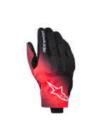 Alpinestars Reef V2 Gloves, motorcycle gloves, Black and Red Fluo, featuring a color gradient, white Alpinestars star logo on the backhand and text on the finger, urban road riding style