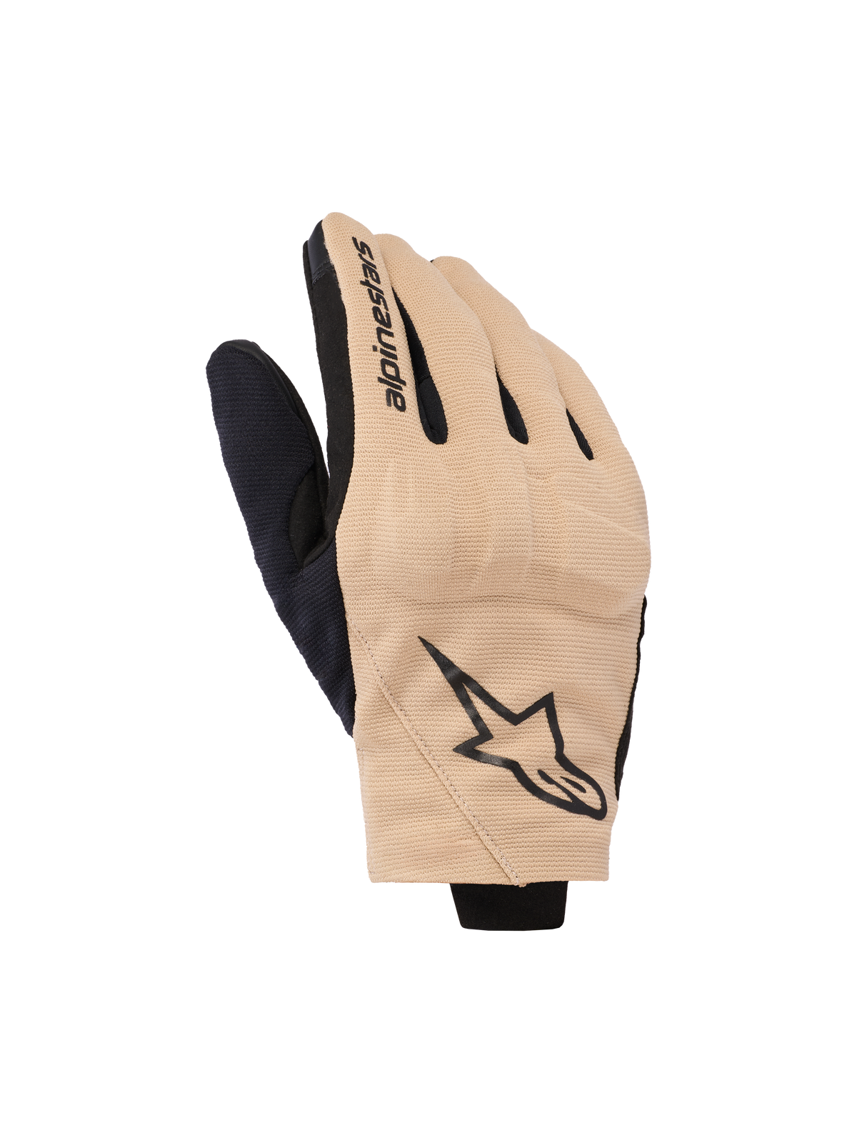 Alpinestars Reef V2 handsker, motorcykelhandsker, sand og sort, kort manchet urban design med ventileret strækstof, sort stjernelogo på håndryggen og Alpinestars-tekst på pegefingeren, moderne udstyr til vejkørsel