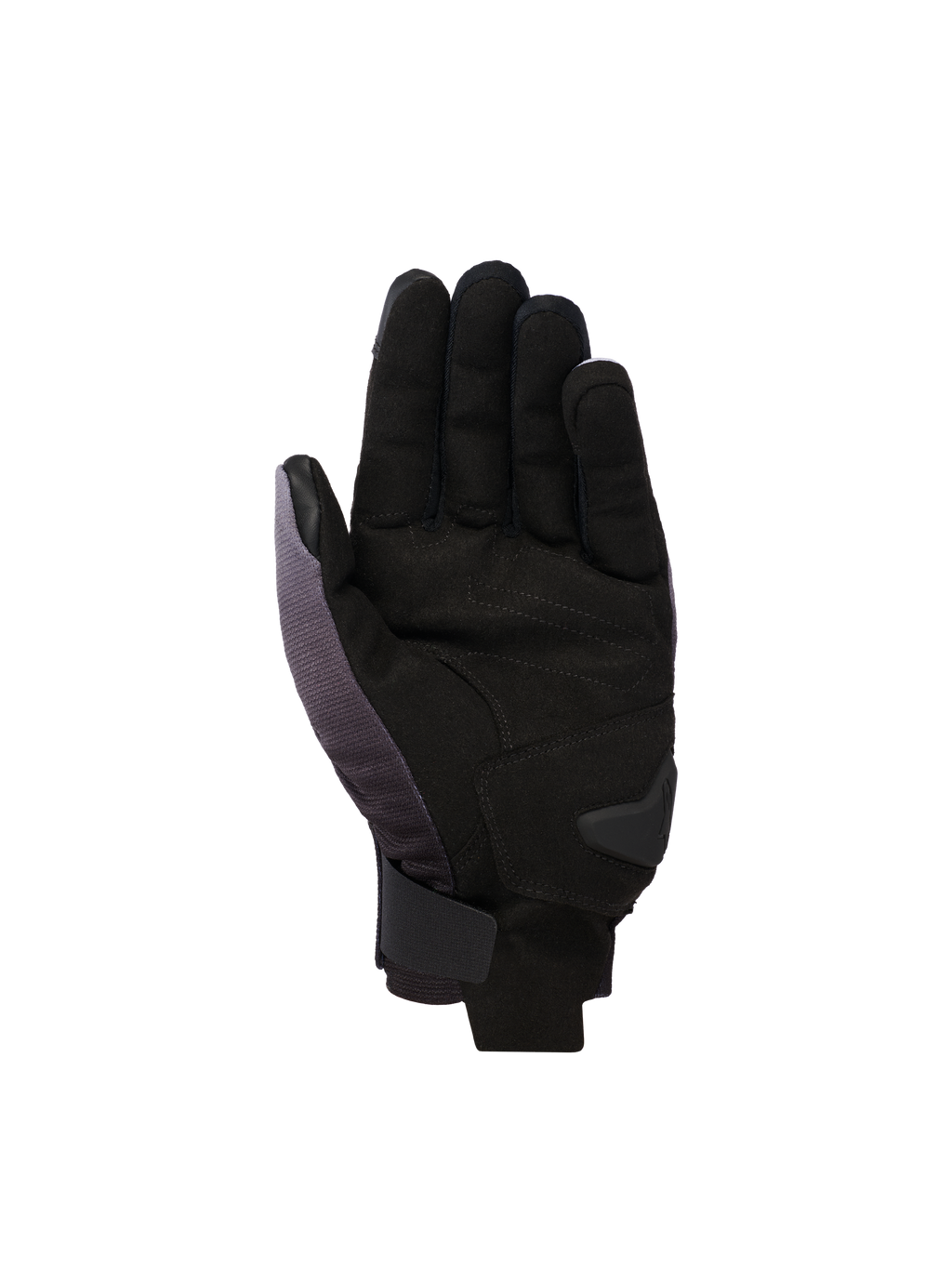 Alpinestars Reef V2 Gloves, short-cuff motorcycle gloves, Mid Gray Black White, palm-side view featuring synthetic suede with padded reinforcement and a secure hook-and-loop wrist closure.