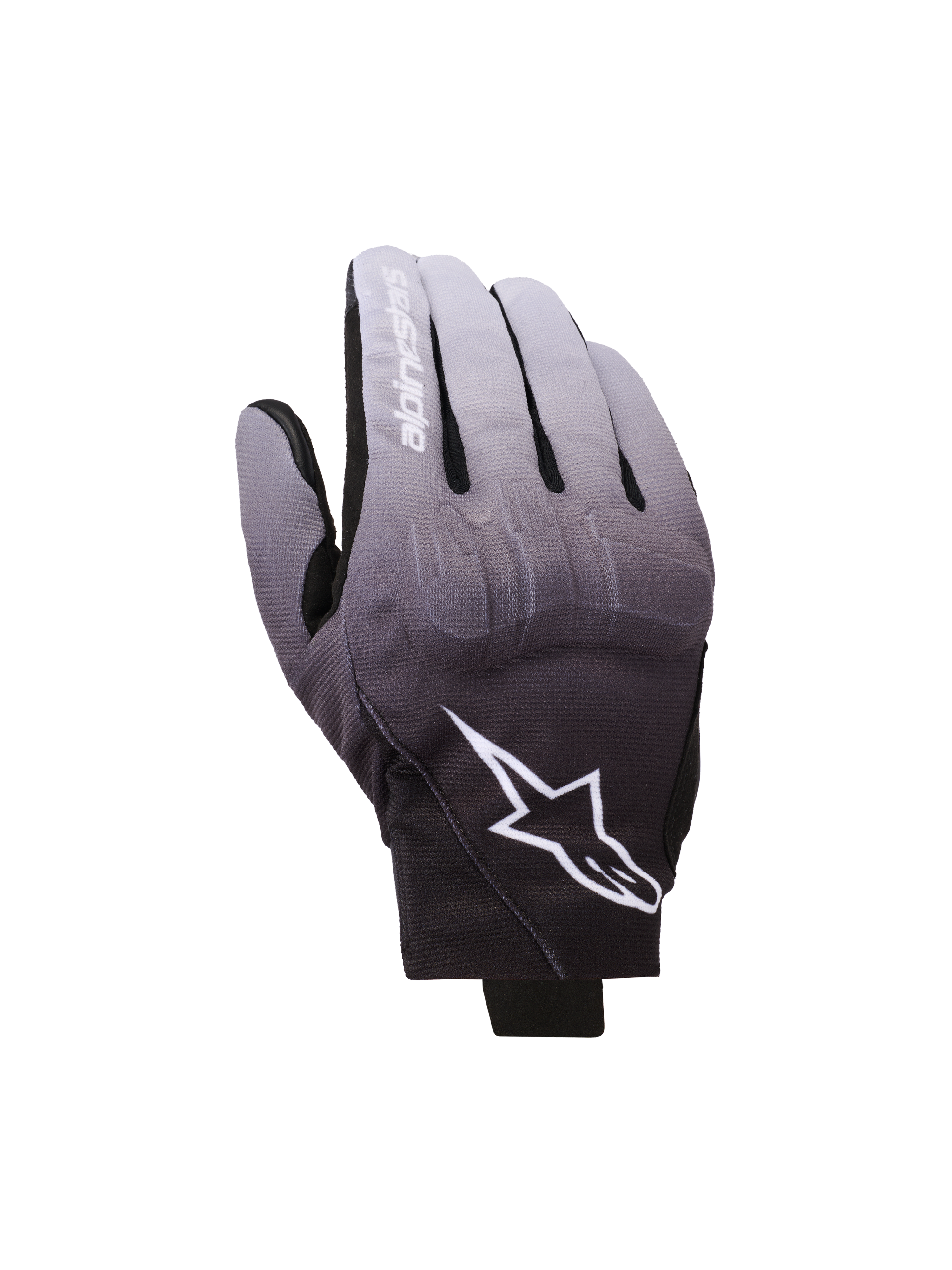 Alpinestars Reef V2 handsker, motorcykelhandsker, grå og sort gradient, hvidt stjernelogo og brandnavn på pegefingeren, kort manchet i urban design med TPU-knobeskyttelse og strækbart tekstil