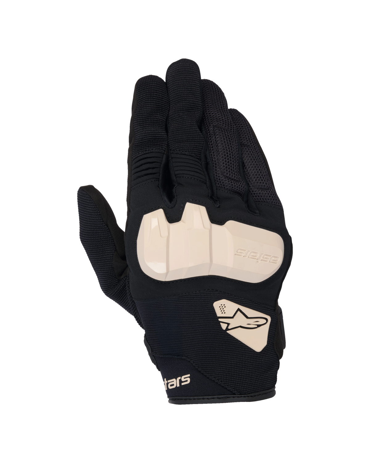 Alpinestars Chrome V2 handsker, motorcykelhandsker, sort med Almond-detaljer, set oppefra med TPU-knobeskyttelse, konstruktion i mesh- og strækstof, accordeonpaneler på fingrene