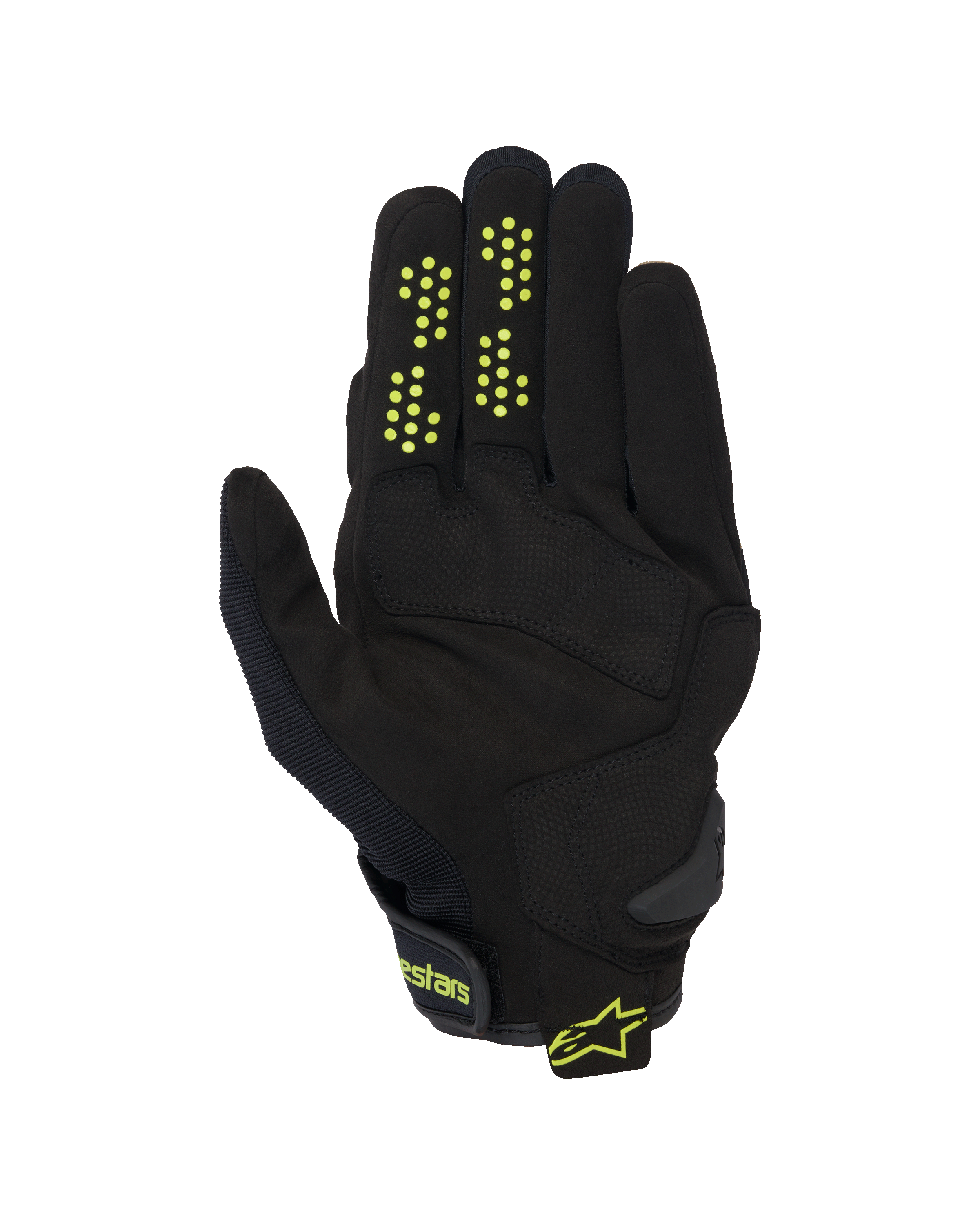 Alpinestars Chrome V2 Gloves, Short Cuff Motorcycle Gloves, Black with neon yellow accents, palm view showing synthetic suede construction, silicone grip dots on fingers, and hook-and-loop wrist closure with Alpinestars branding.