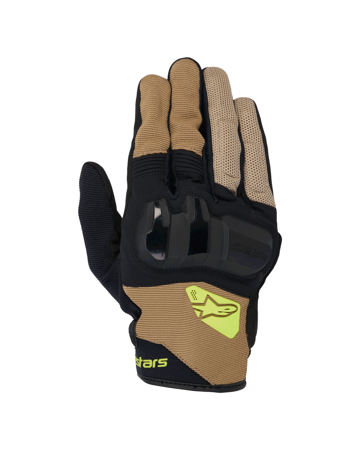 Alpinestars Chrome V2 handsker, motorcykelhandsker med kort manchet, mørk khaki og sort, hård knobeskyttelse, åndbare mesh-paneler, fluorescerende gult Alpinestars-logo, udstyr til bykørsel