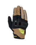 Alpinestars Chrome V2 Gloves, Short Cuff Motorcycle Gloves, Dark Khaki and Black, featuring hard knuckle protection, breathable mesh panels, and fluorescent yellow Alpinestars logo, urban road riding gear