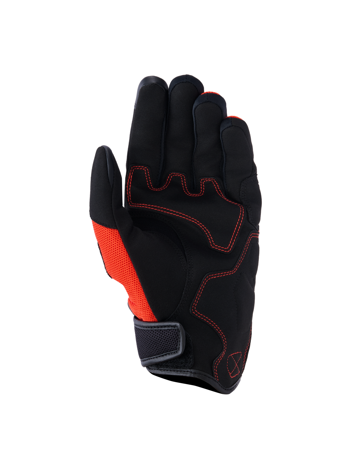 Alpinestars Ignite-handsker, set fra håndfladen, sort og Red Tangerine, håndflade i syntetisk ruskind med røde kontraststikninger, mesh-sidepanel, kort manchet med velcrolukning, urban motorcykeludstyr til pendling