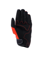 Alpinestars Ignite-handsker, set fra håndfladen, sort og Red Tangerine, håndflade i syntetisk ruskind med røde kontraststikninger, mesh-sidepanel, kort manchet med velcrolukning, urban motorcykeludstyr til pendling