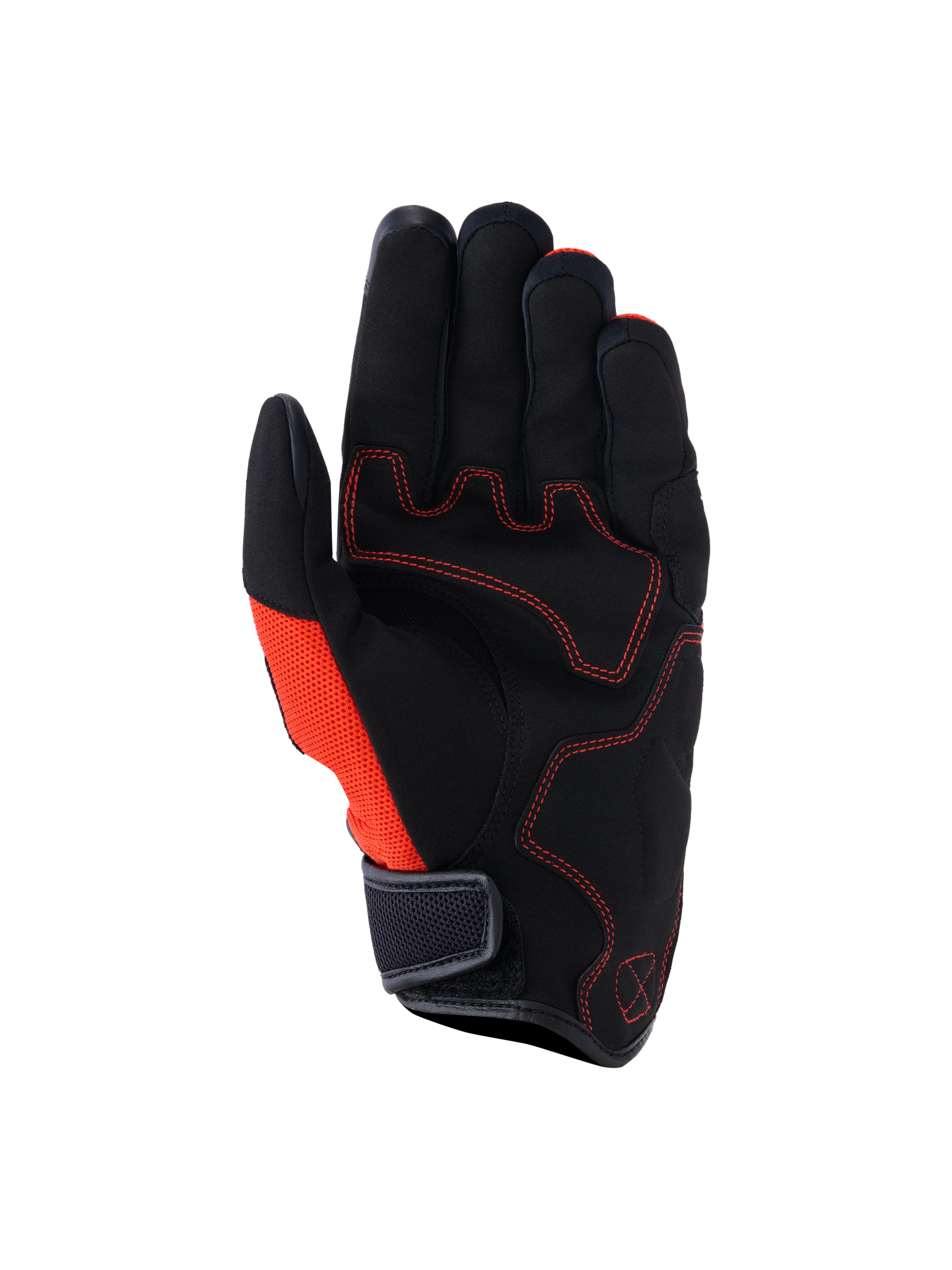 Alpinestars Ignite-handsker, set fra håndfladen, sort og Red Tangerine, håndflade i syntetisk ruskind med røde kontraststikninger, mesh-sidepanel, kort manchet med velcrolukning, urban motorcykeludstyr til pendling
