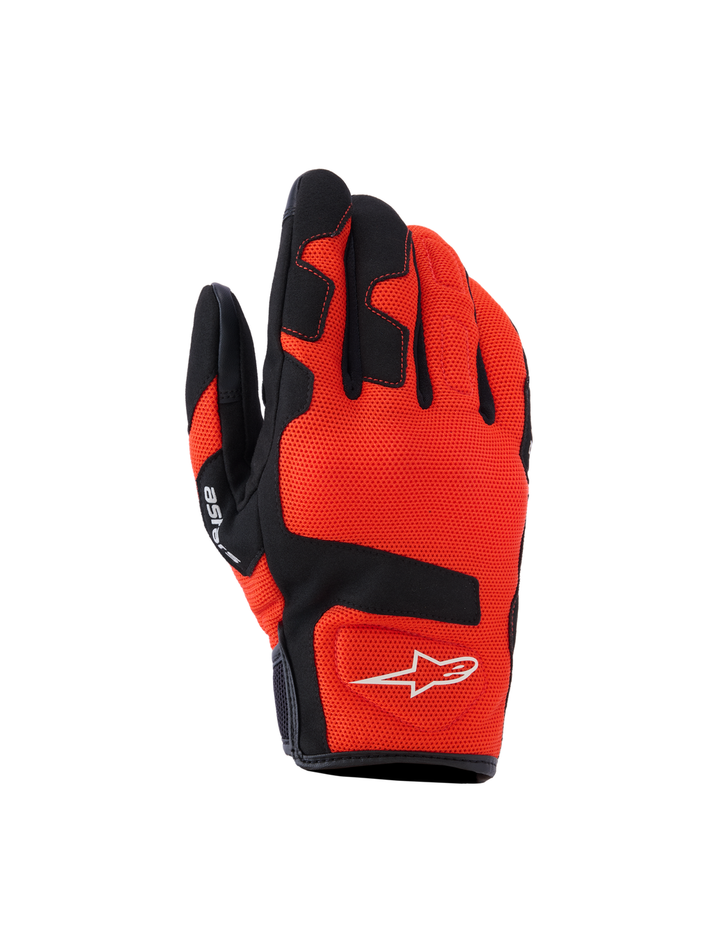 Alpinestars Ignite handsker, motorcykelhandsker, rød tangerine og sort, åndbart mesh-tekstil, sorte forstærkninger på fingre og knoer, hvidt stjerne-logo, kort manchet-design