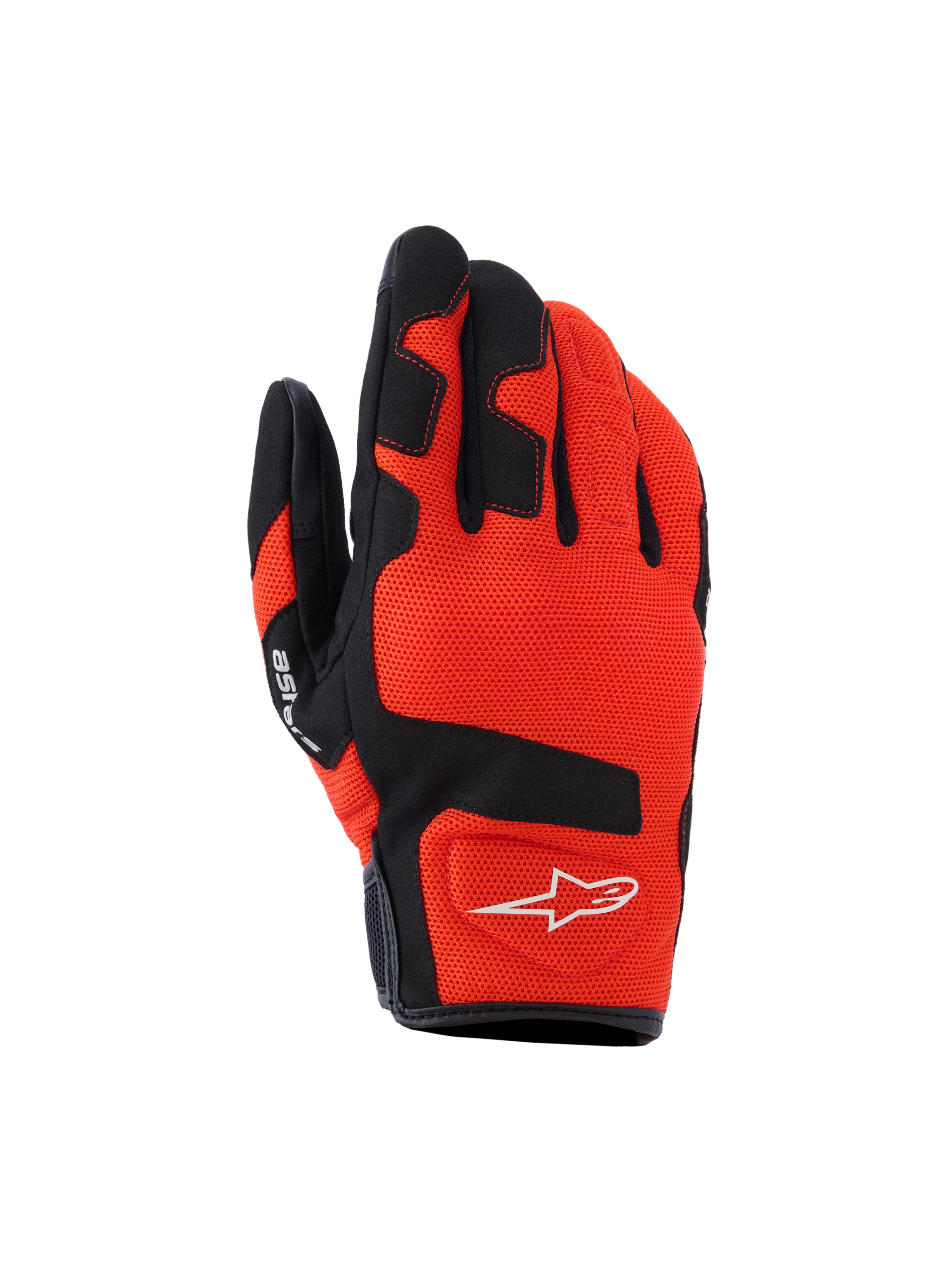 Alpinestars Ignite handsker, motorcykelhandsker, rød tangerine og sort, åndbart mesh-tekstil, sorte forstærkninger på fingre og knoer, hvidt stjerne-logo, kort manchet-design