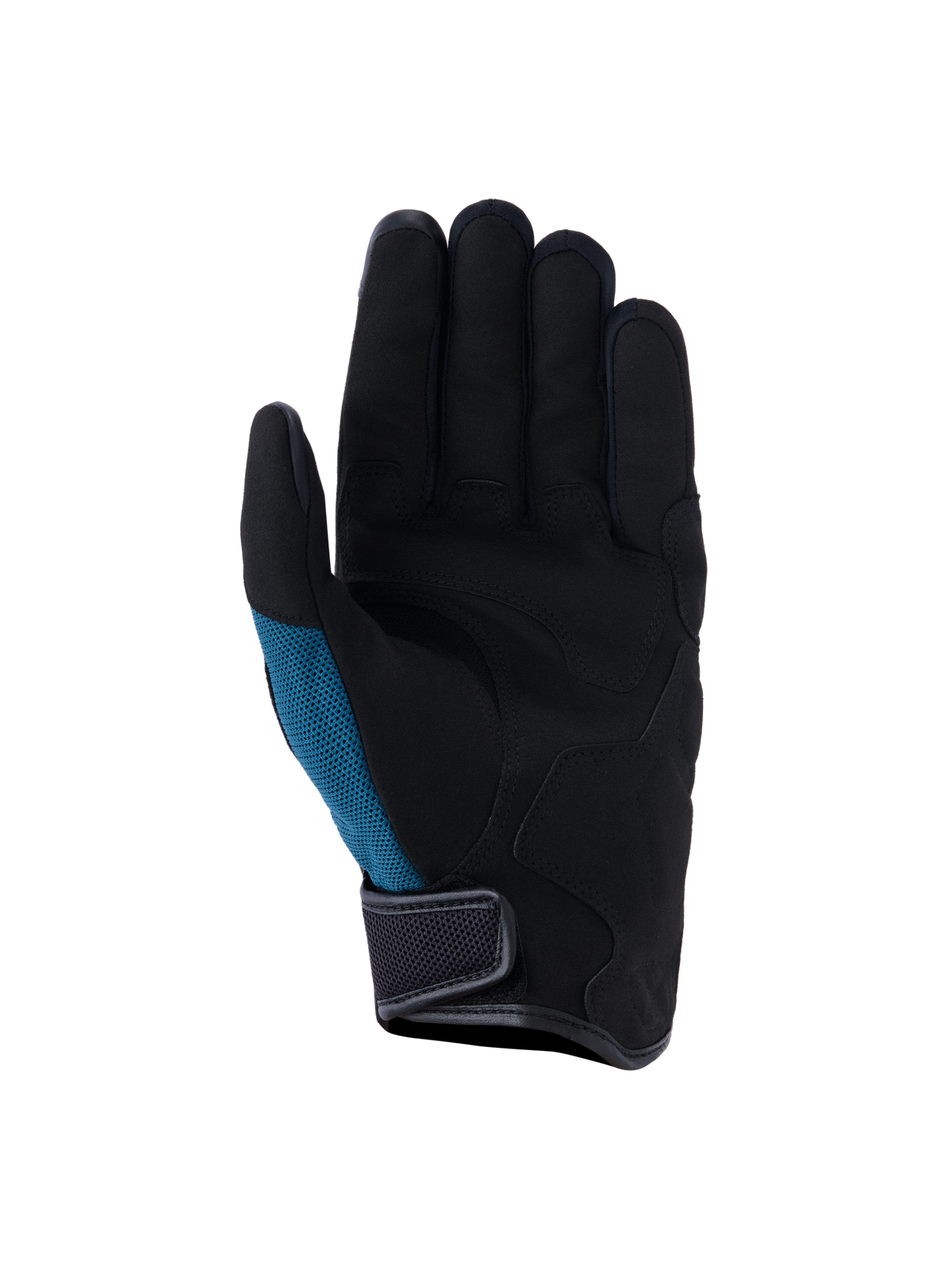 Alpinestars Ignite handsker, urbane motorcykelhandsker, indigo blå og sort, håndfladevisning med syntetisk ruskind og strategisk polstring, blågrønt mesh-sidepanel og kort manchet-design med velcro-lukning