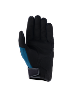 Alpinestars Ignite handsker, urbane motorcykelhandsker, indigo blå og sort, håndfladevisning med syntetisk ruskind og strategisk polstring, blågrønt mesh-sidepanel og kort manchet-design med velcro-lukning