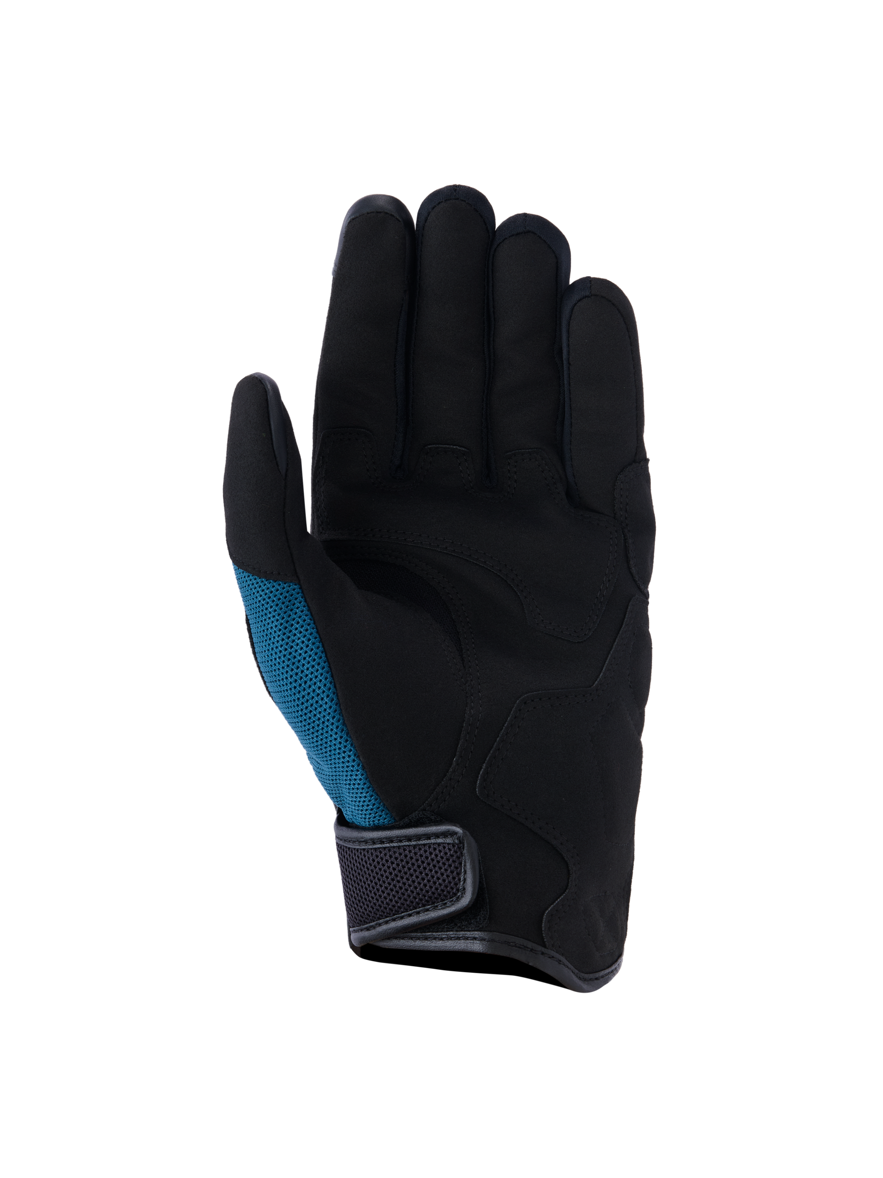 Alpinestars Ignite handsker, urbane motorcykelhandsker, indigo blå og sort, håndfladevisning med syntetisk ruskind og strategisk polstring, blågrønt mesh-sidepanel og kort manchet-design med velcro-lukning