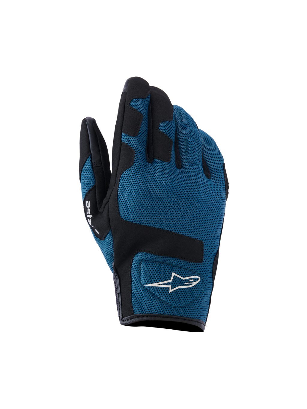 Alpinestars Ignite handsker, urban motorcykelhandsker, indigo blå og sort, åndbar mesh-konstruktion på håndryggen, sorte forstærkede paneler over knoerne, hvidt A-star-logo, kort manchet-design til urban kørsel