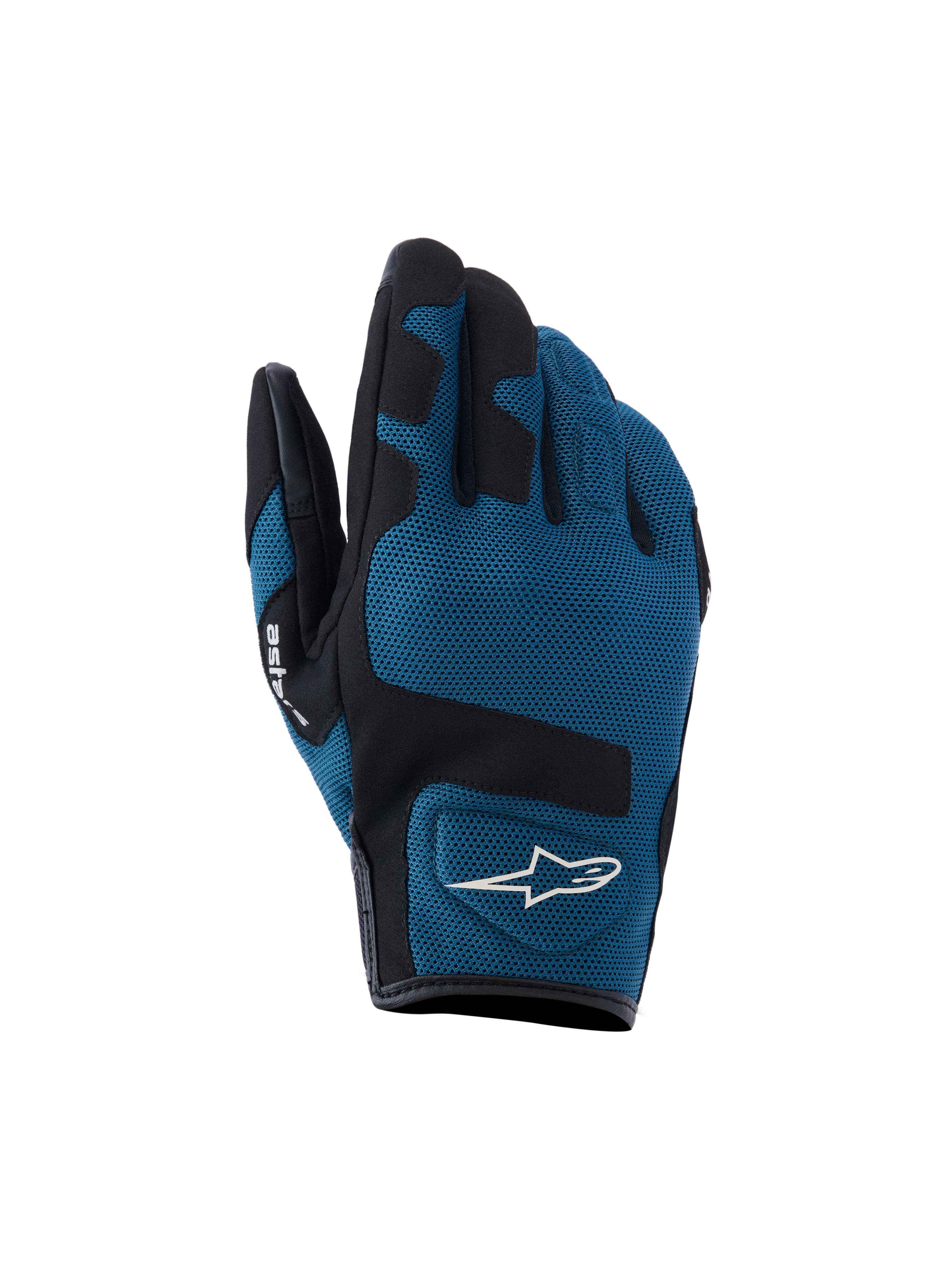 Alpinestars Ignite handsker, urban motorcykelhandsker, indigo blå og sort, åndbar mesh-konstruktion på håndryggen, sorte forstærkede paneler over knoerne, hvidt A-star-logo, kort manchet-design til urban kørsel
