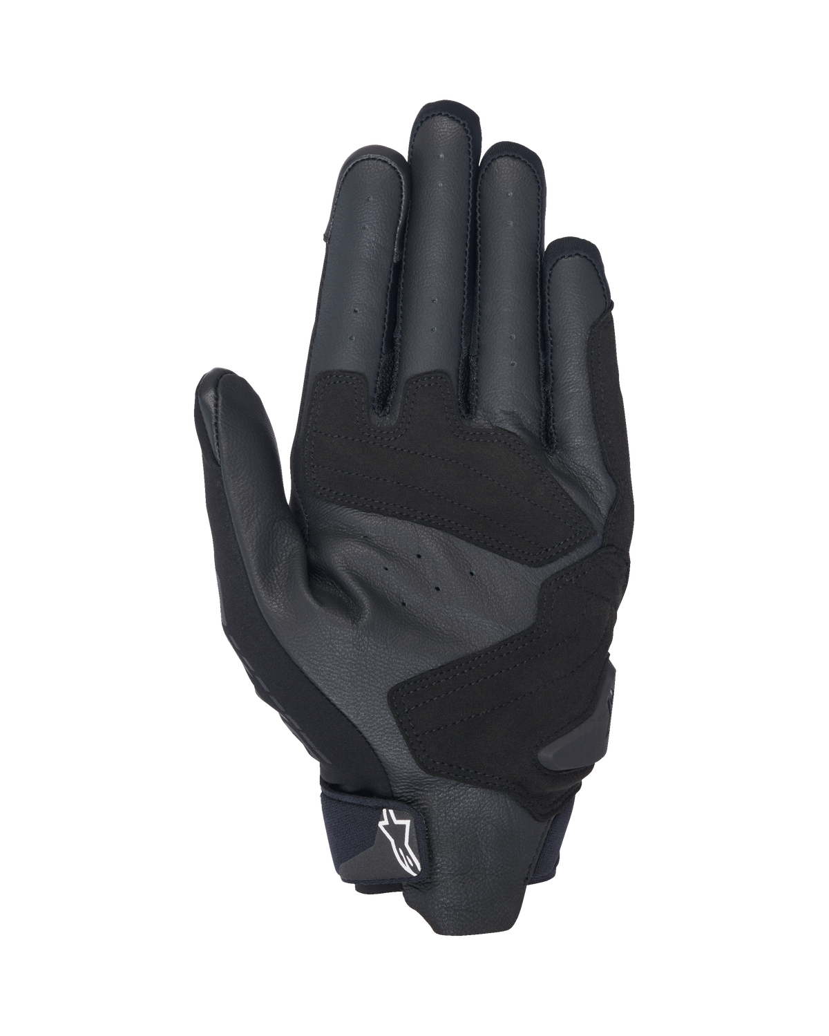 Alpinestars SP X 3 handsker, sort-hvide motorcykelhandsker, set fra håndfladen, viser perforeret læder for ventilation, syntetiske læderoverlejringer for forbedret greb og holdbarhed, forstærkede slagzoner og kort manchet-design med et hvidt Alpinestars-logo på trækstroppen.