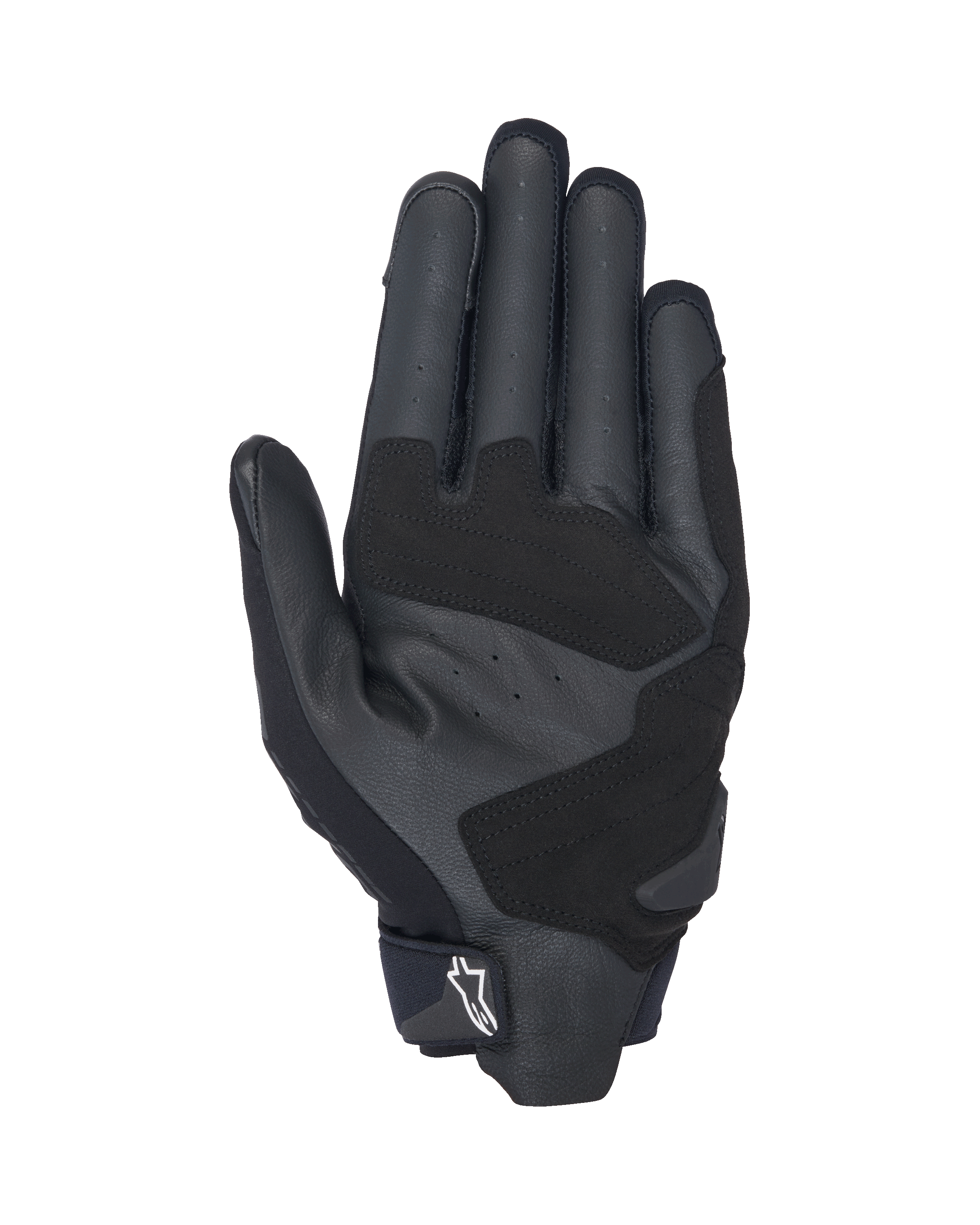 Alpinestars SP X 3 handsker, sort-hvide motorcykelhandsker, set fra håndfladen, viser perforeret læder for ventilation, syntetiske læderoverlejringer for forbedret greb og holdbarhed, forstærkede slagzoner og kort manchet-design med et hvidt Alpinestars-logo på trækstroppen.