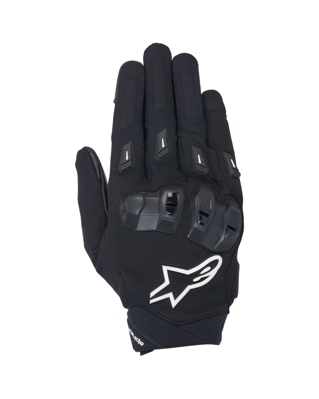 Alpinestars SP X 3 handsker, sort og hvid motorcykelhandske med kort manchet, set fra oven, TPU dobbelt-densitet knobeskyttelse, stort hvidt stjernelogo og fingerbeskyttere, designet til sport- og landevejskørsel