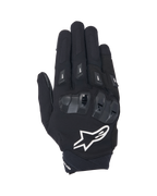 Alpinestars SP X 3 handsker, sort og hvid motorcykelhandske med kort manchet, set fra oven, TPU dobbelt-densitet knobeskyttelse, stort hvidt stjernelogo og fingerbeskyttere, designet til sport- og landevejskørsel