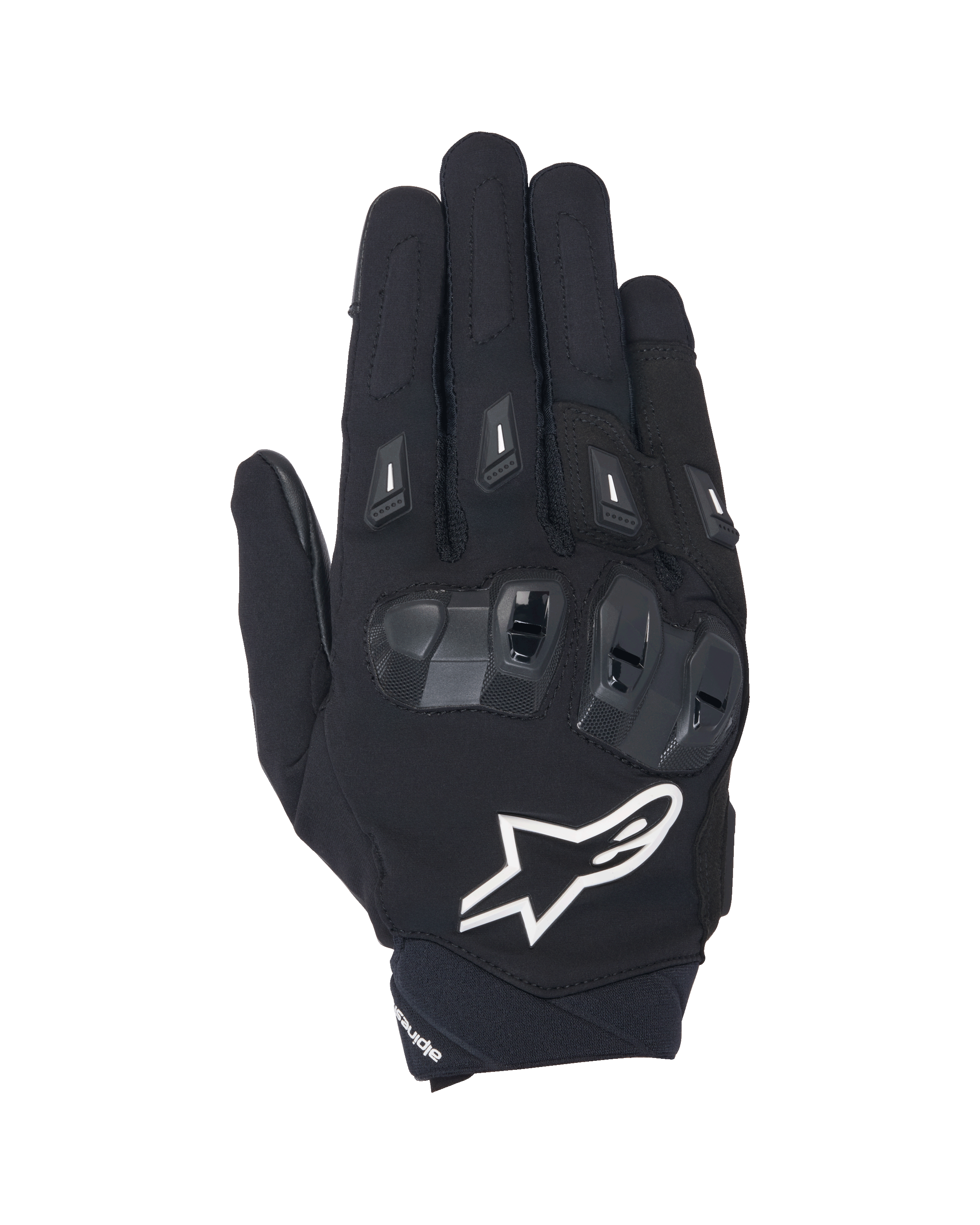 Alpinestars SP X 3 handsker, sort og hvid motorcykelhandske med kort manchet, set fra oven, TPU dobbelt-densitet knobeskyttelse, stort hvidt stjernelogo og fingerbeskyttere, designet til sport- og landevejskørsel