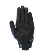 Alpinestars SP X 3 handsker, motorcykelhandsker, mørkeblå og Blithe Blue, set fra håndfladen med perforeret sort læder, syntetiske forstærkninger, TPR håndfladeslider og integreret trækflig for nem påtagning.