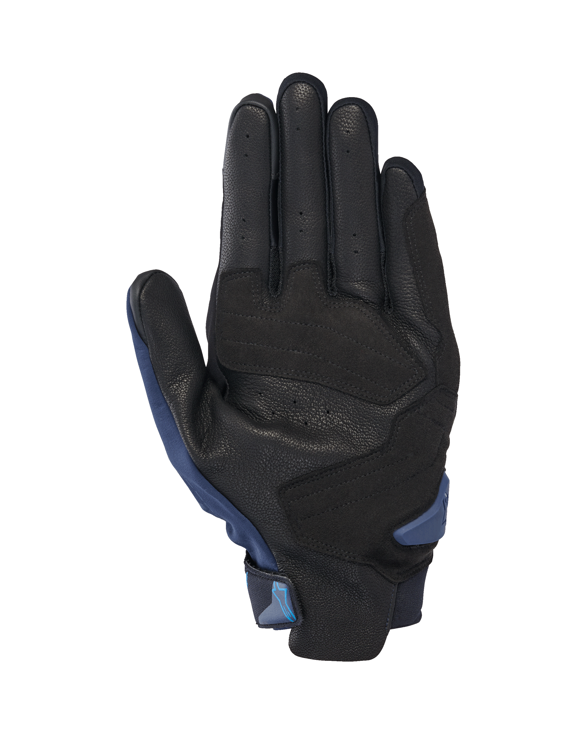 Alpinestars SP X 3 handsker, motorcykelhandsker, mørkeblå og Blithe Blue, set fra håndfladen med perforeret sort læder, syntetiske forstærkninger, TPR håndfladeslider og integreret trækflig for nem påtagning.