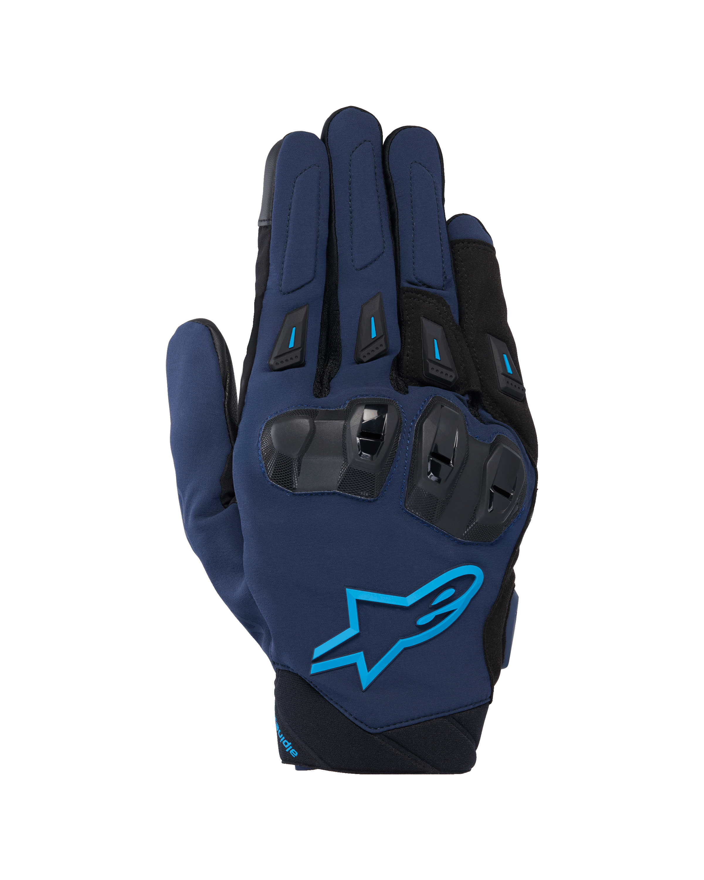 Alpinestars SP X 3 handsker, motorcykelhandsker til racing, mørkeblå og sort med Blithe Blue-detaljer, med TPU dobbelt-densitets knobeskyttelse og Alpinestars stjernelogo, tekstil- og mesh-konstruktion til sportskørsel