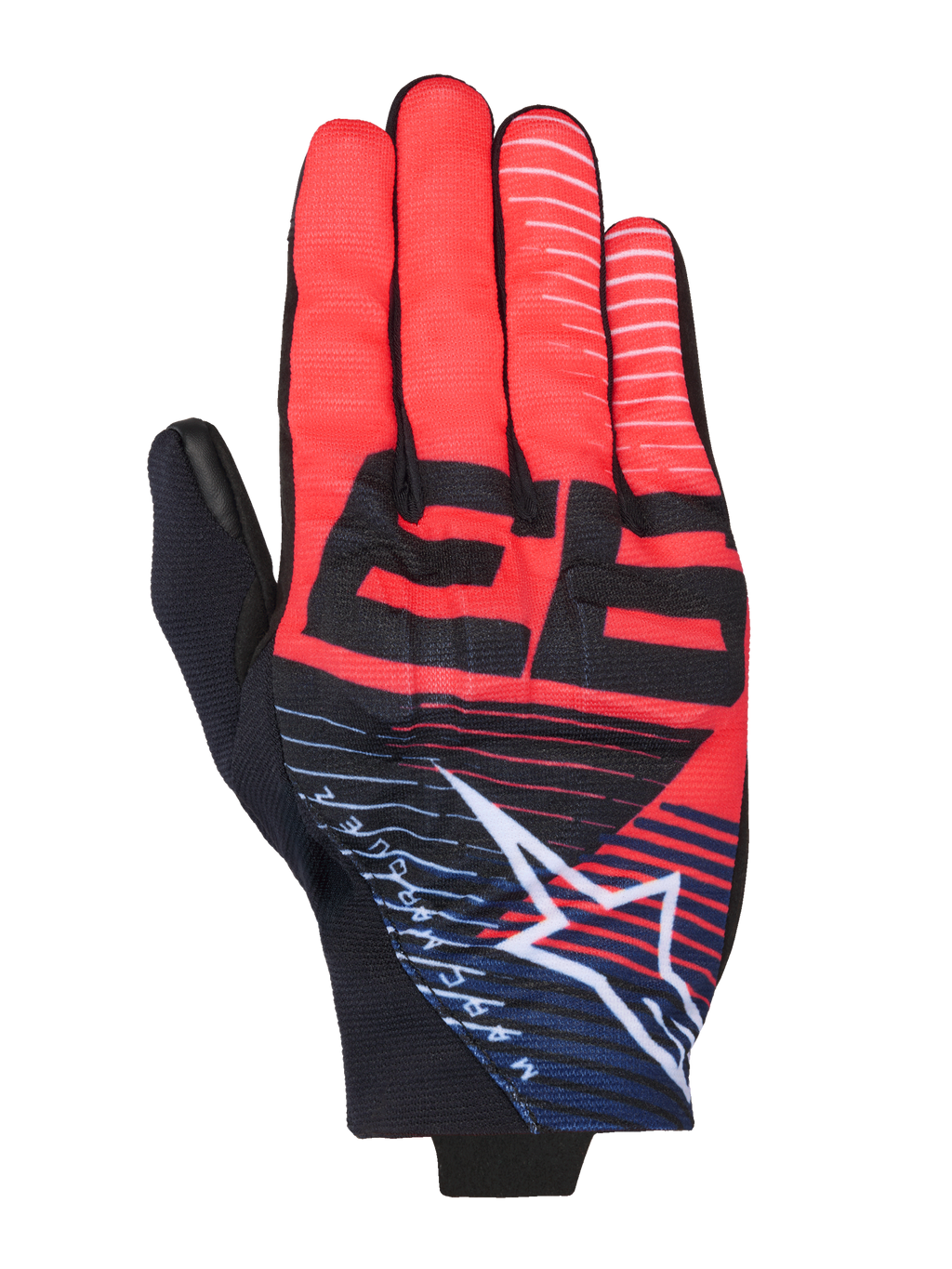 Alpinestars MM93 Reef V2 handsker, motorcykelhandsker, rød og sort med navyblå detaljer, med en markant sort 93-grafik, hvidt Alpinestars stjernelogo med striber og et moderne sporty design med åndbart strækstof