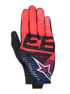 Alpinestars MM93 Reef V2 handsker, motorcykelhandsker, rød og sort med navyblå detaljer, med en markant sort 93-grafik, hvidt Alpinestars stjernelogo med striber og et moderne sporty design med åndbart strækstof