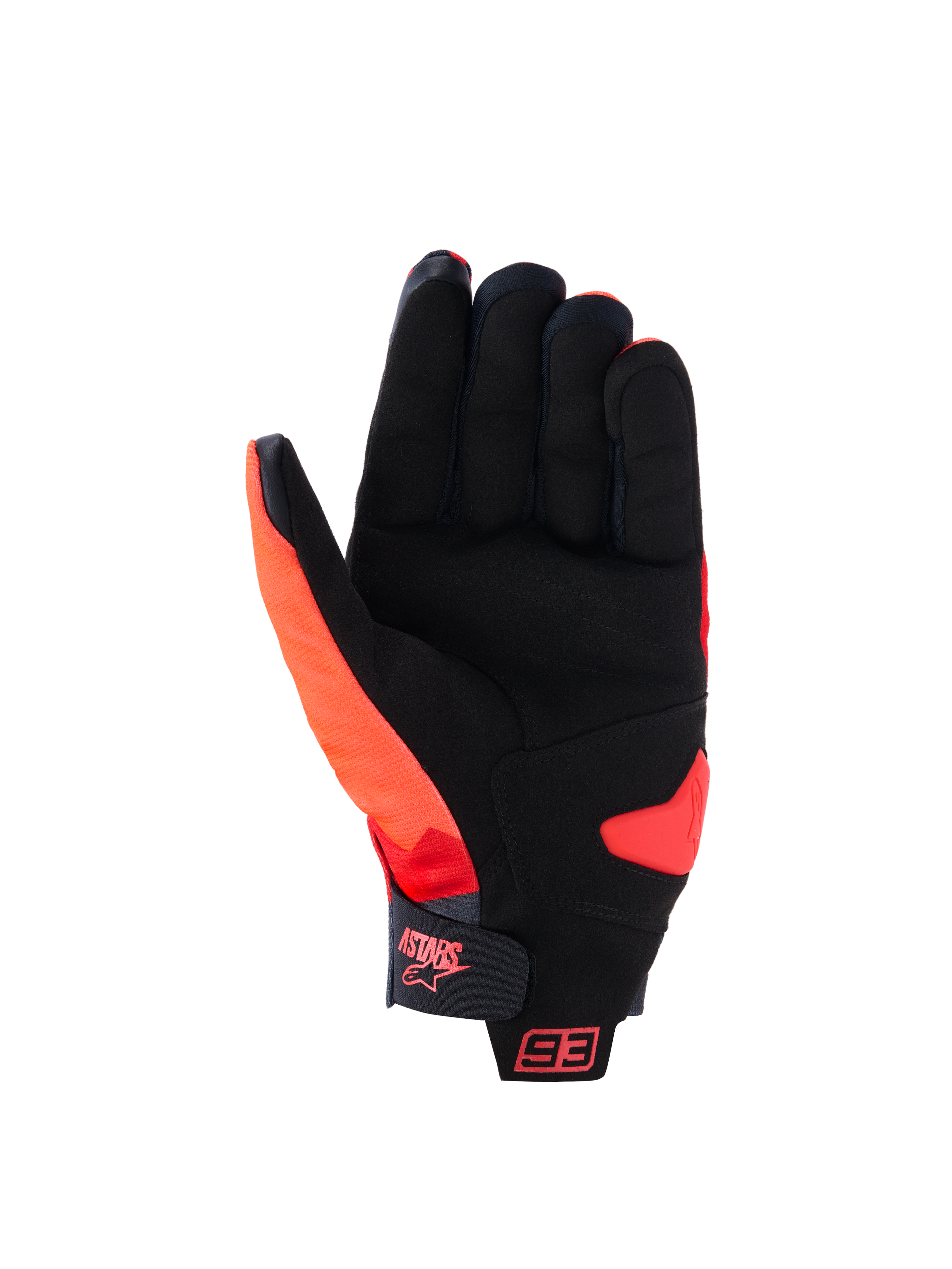 Alpinestars MM93 Reef V2 handsker, set fra håndfladen, Red Fluo Bright Red Black, med håndflade i syntetisk ruskind og polstret forstærkning, manchetstrop med burrebånd og Astars-logo, 93-branding, urban motorcykelhandsker
