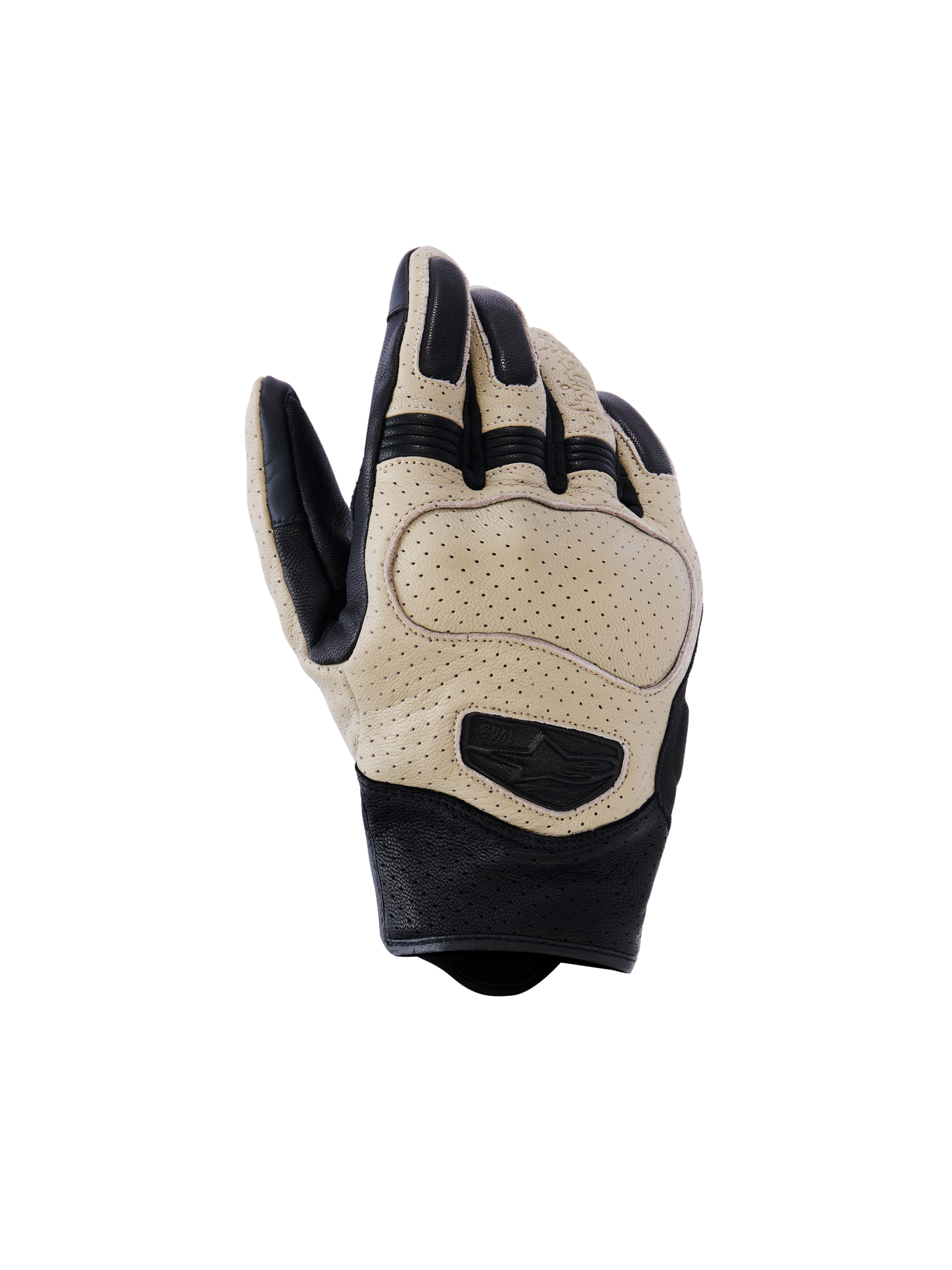 Alpinestars Mustang V3 Leather Gloves, Motorcycle Gloves, Brown and Black, featuring perforated goat leather for airflow, short cuff urban design with protective knuckle padding and embossed logo