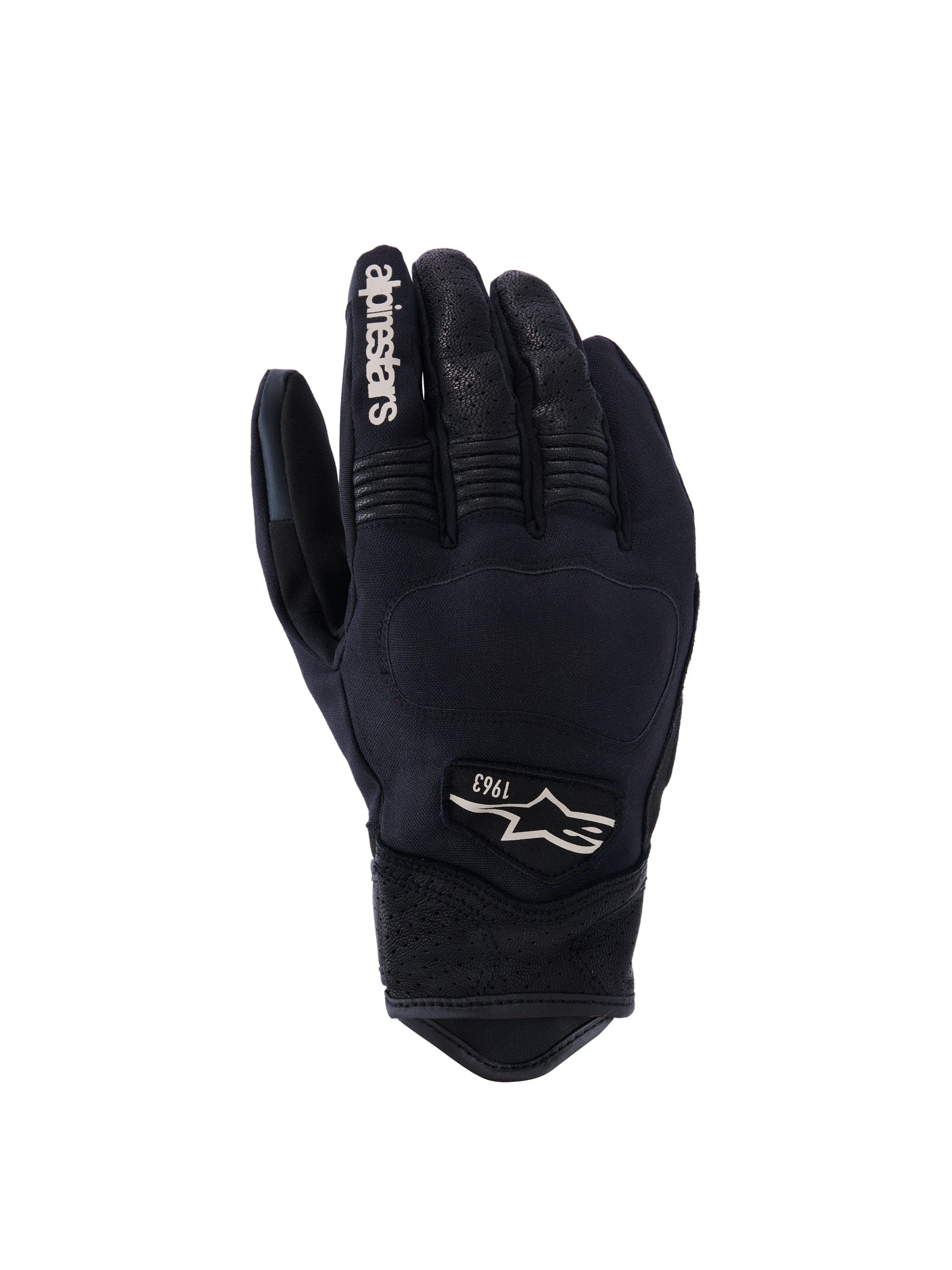 Alpinestars Tracker Gloves, Motorcycle Gloves, Black, backhand view showing stretch textile construction, perforated leather details on fingers and wrist, white branding on index finger, Alpinestars logo with 1963 on the back, padded knuckle area, short cuff urban design