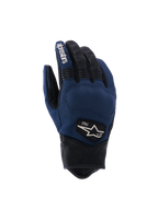 Alpinestars Tracker handsker, urban motorcykelhandsker, mørkeblå og sort, tekstilbagside med perforerede læderfingre og manchet, strækbare harmonikaindlæg, heritage 1963-logomærke, arbejdstøjsinspireret stil