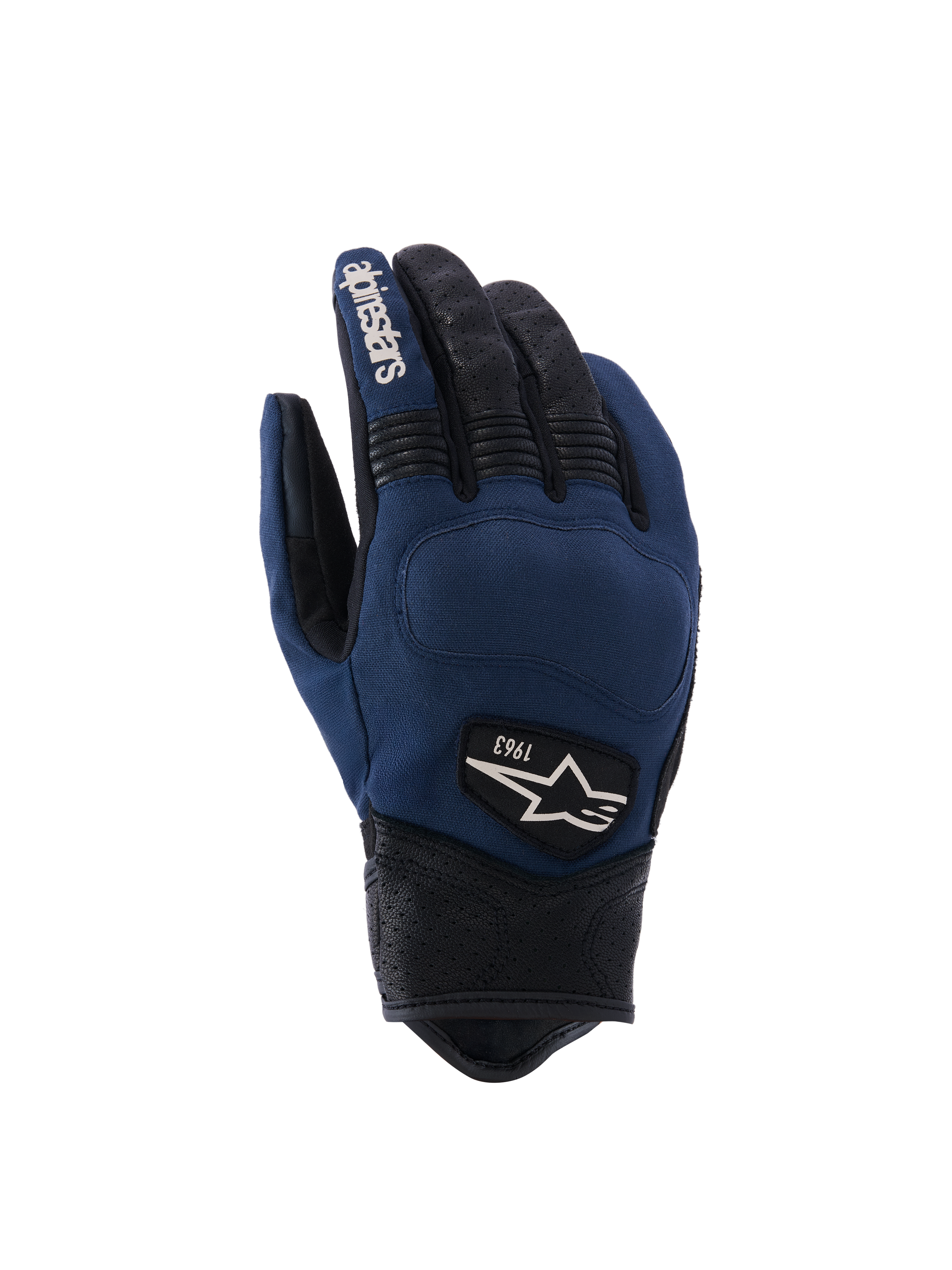 Alpinestars Tracker handsker, urban motorcykelhandsker, mørkeblå og sort, tekstilbagside med perforerede læderfingre og manchet, strækbare harmonikaindlæg, heritage 1963-logomærke, arbejdstøjsinspireret stil