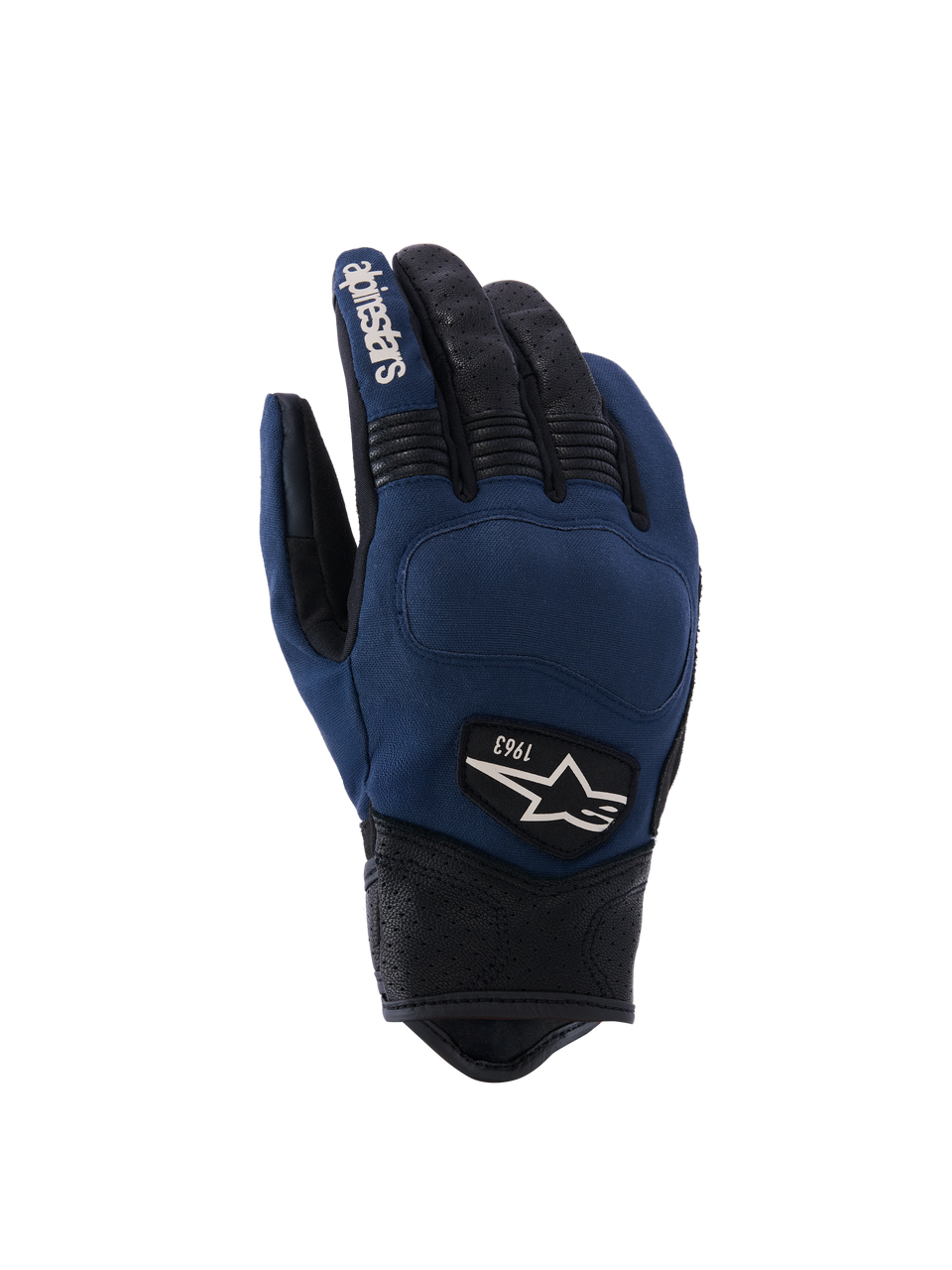 Alpinestars Tracker handsker, urban motorcykelhandsker, mørkeblå og sort, tekstilbagside med perforerede læderfingre og manchet, strækbare harmonikaindlæg, heritage 1963-logomærke, arbejdstøjsinspireret stil