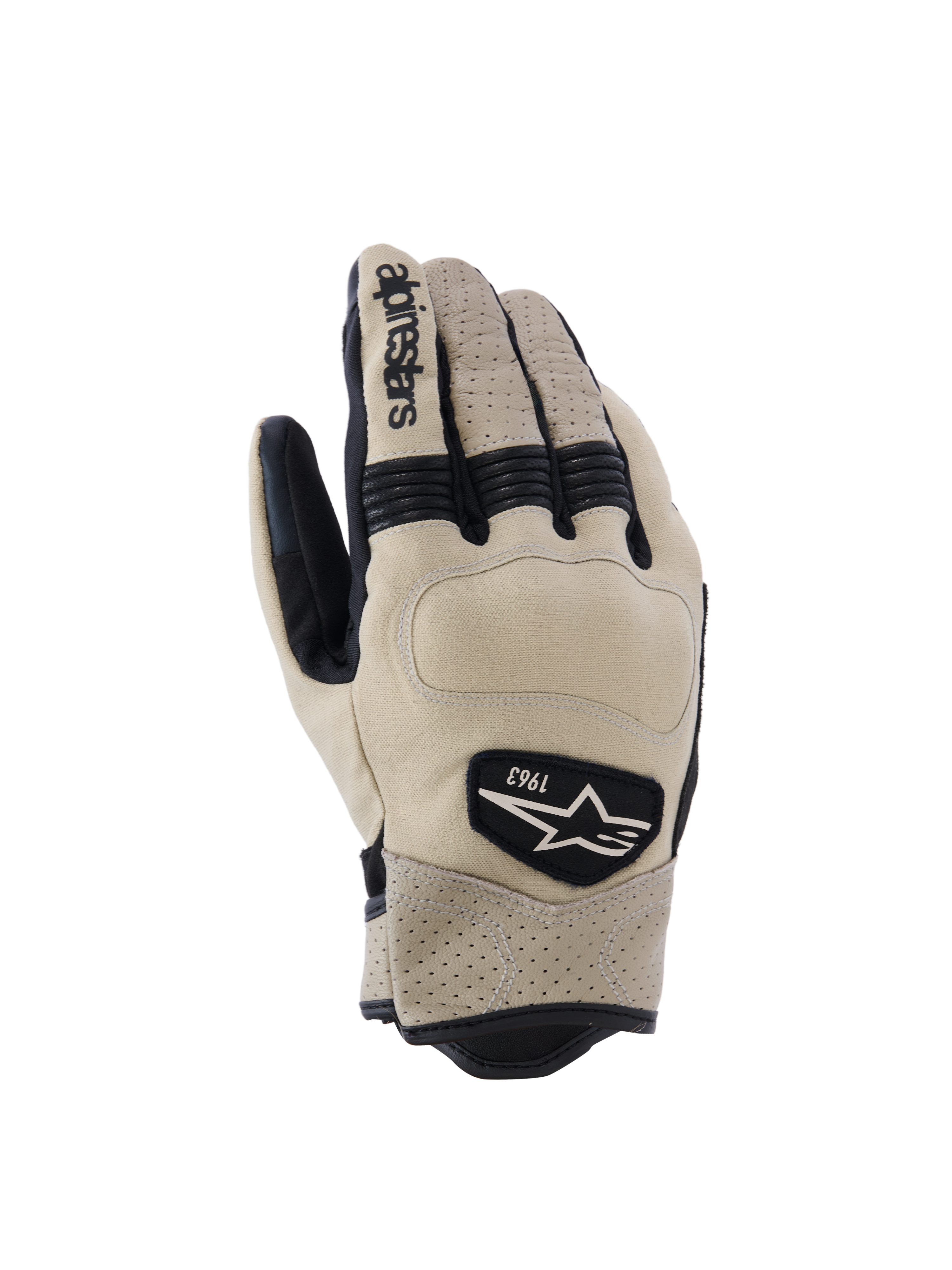 Alpinestars Tracker handsker, motorcykelhandsker, beige og sort, med perforeret læder, sorte harmonikaindlæg og 1963 heritage logo-patch, urban workwear-stil