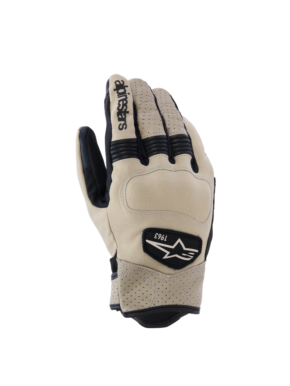 Alpinestars Tracker handsker, motorcykelhandsker, beige og sort, med perforeret læder, sorte harmonikaindlæg og 1963 heritage logo-patch, urban workwear-stil