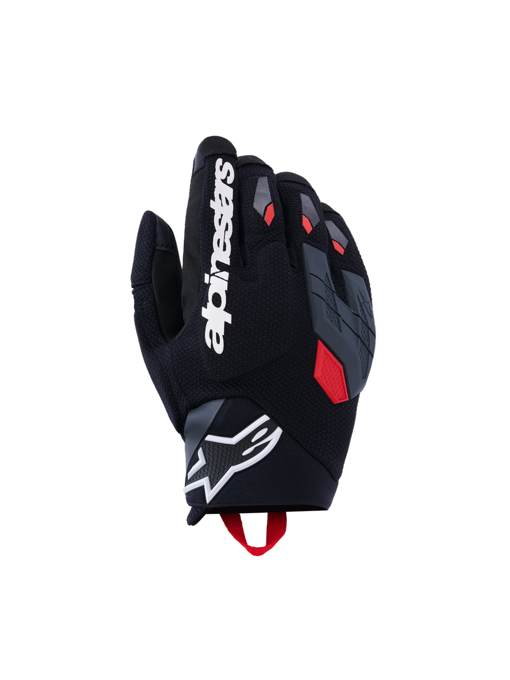Alpinestars Durack handsker, motorcykelhandsker, sort med mørkegrå og klare røde detaljer, med en tekstureret tekstilhåndryg, opdelt grå knobeskyttelse, stort hvidt Alpinestars-navnetræk på pegefingeren og et hvidt stjernelogo på neopren-håndleddet.