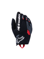 Alpinestars Durack handsker, motorcykelhandsker, sort med mørkegrå og klare røde detaljer, med en tekstureret tekstilhåndryg, opdelt grå knobeskyttelse, stort hvidt Alpinestars-navnetræk på pegefingeren og et hvidt stjernelogo på neopren-håndleddet.