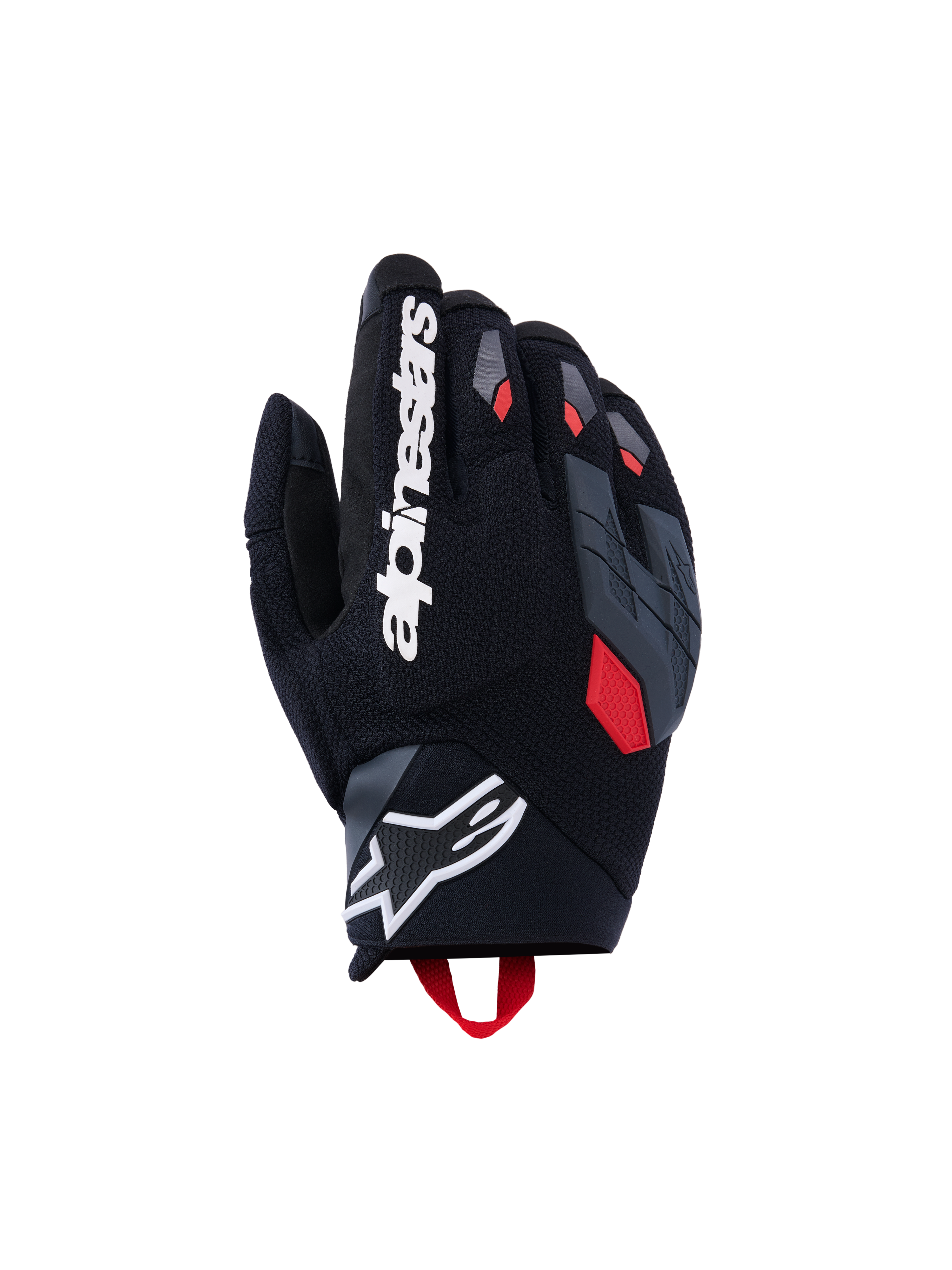 Alpinestars Durack handsker, motorcykelhandsker, sort med mørkegrå og klare røde detaljer, med en tekstureret tekstilhåndryg, opdelt grå knobeskyttelse, stort hvidt Alpinestars-navnetræk på pegefingeren og et hvidt stjernelogo på neopren-håndleddet.