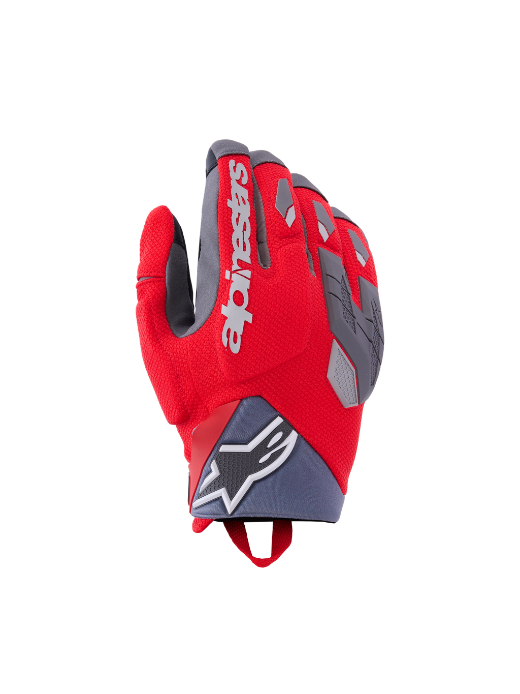 Alpinestars Durack handsker, motorcykelhandsker, klar rød og mellemgrå, med delt knobeskyttelse og grå TPR-detaljer, hvidt Alpinestars-logo på håndryggen, neoprenmanchet ved håndleddet med stjernelogo og performance adventure-design