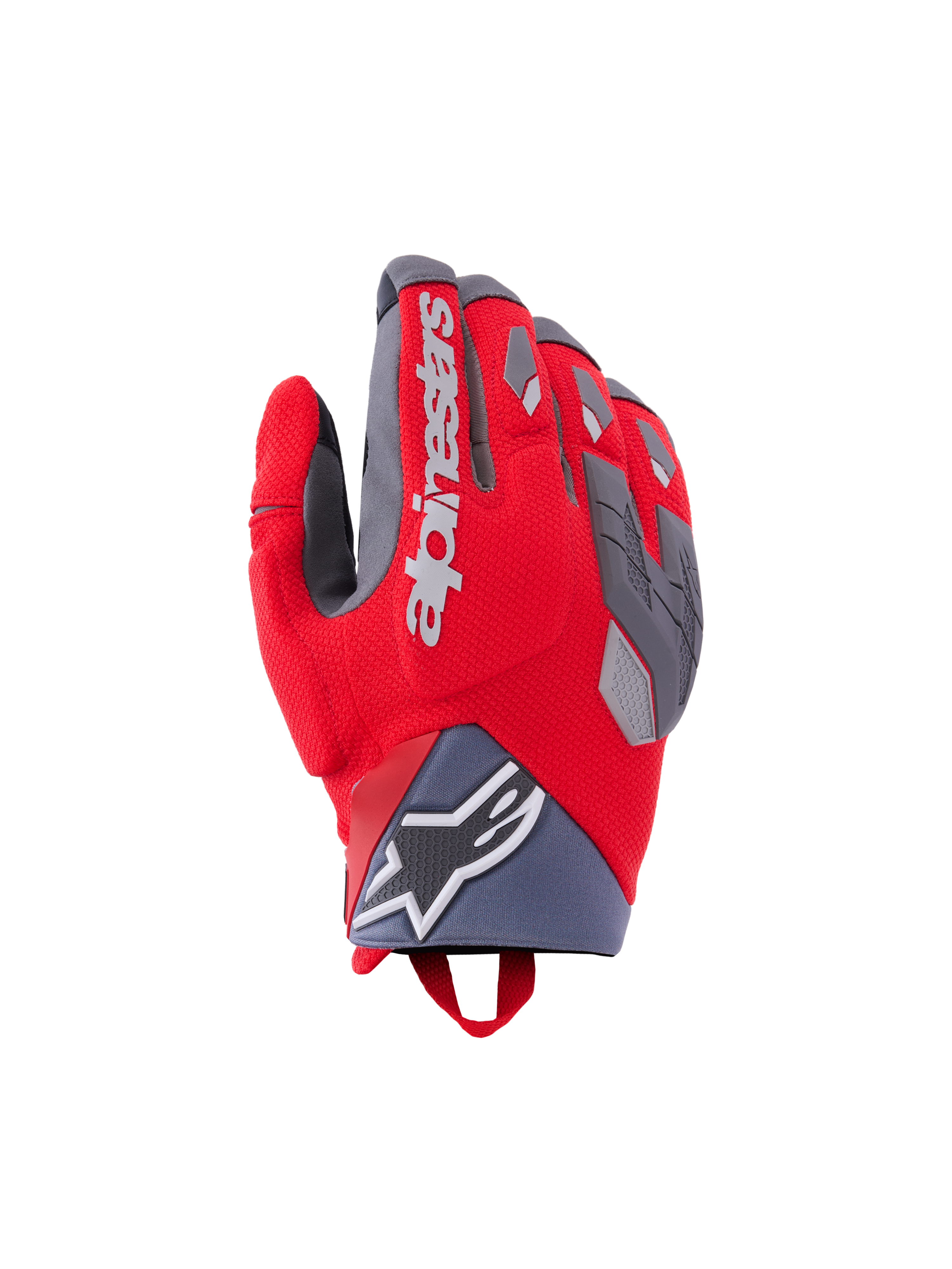 Alpinestars Durack handsker, motorcykelhandsker, klar rød og mellemgrå, med delt knobeskyttelse og grå TPR-detaljer, hvidt Alpinestars-logo på håndryggen, neoprenmanchet ved håndleddet med stjernelogo og performance adventure-design
